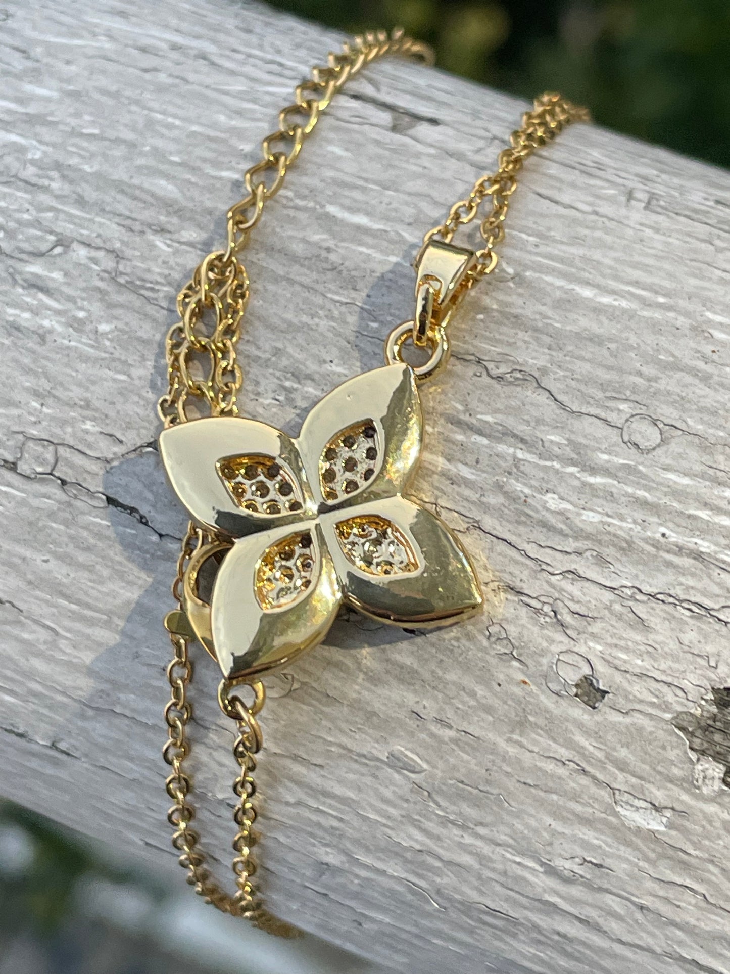 Stainless Steel Vermeil Blue Flower Cz Necklace
