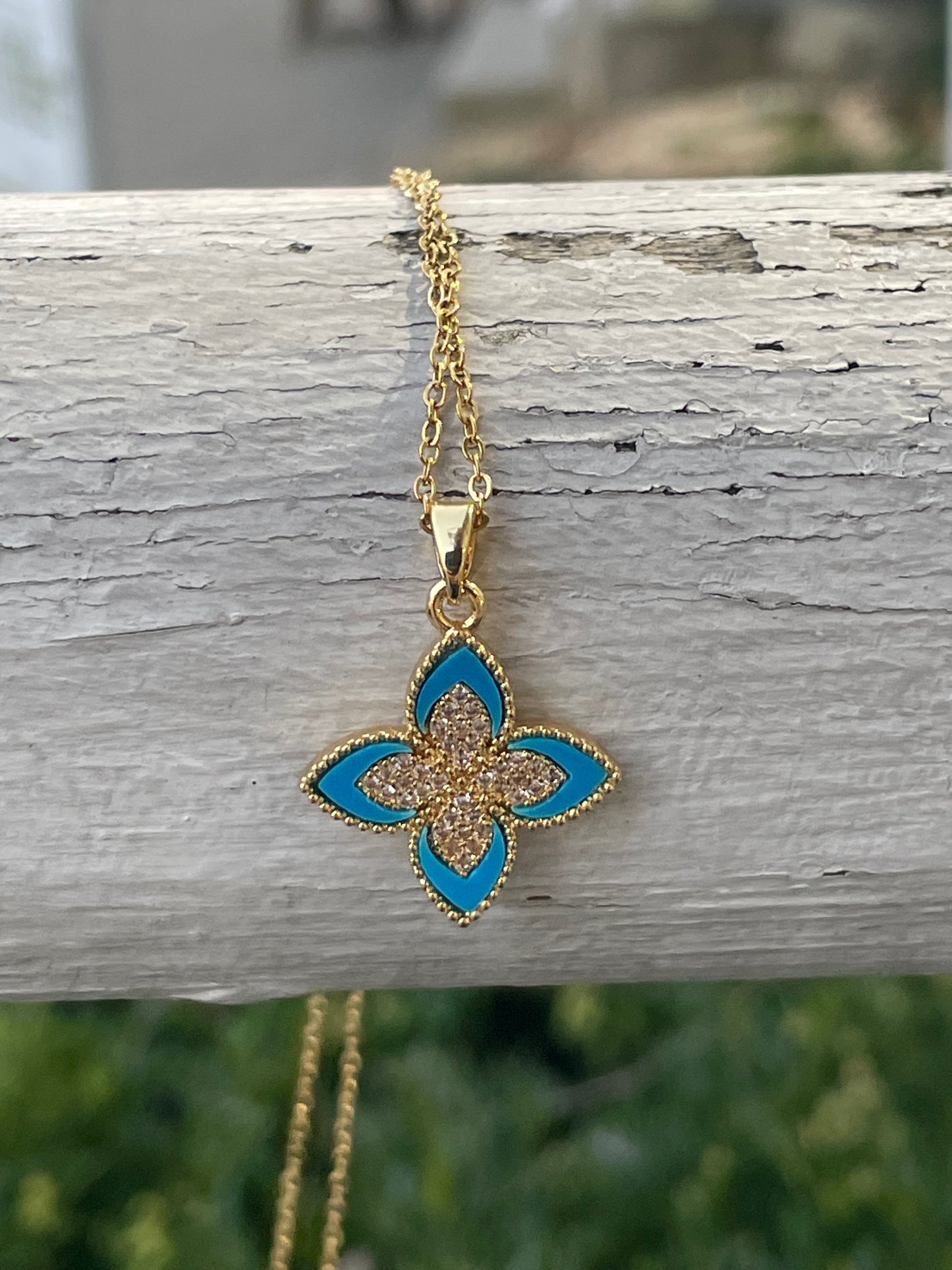 Stainless Steel Vermeil Blue Flower Cz Necklace