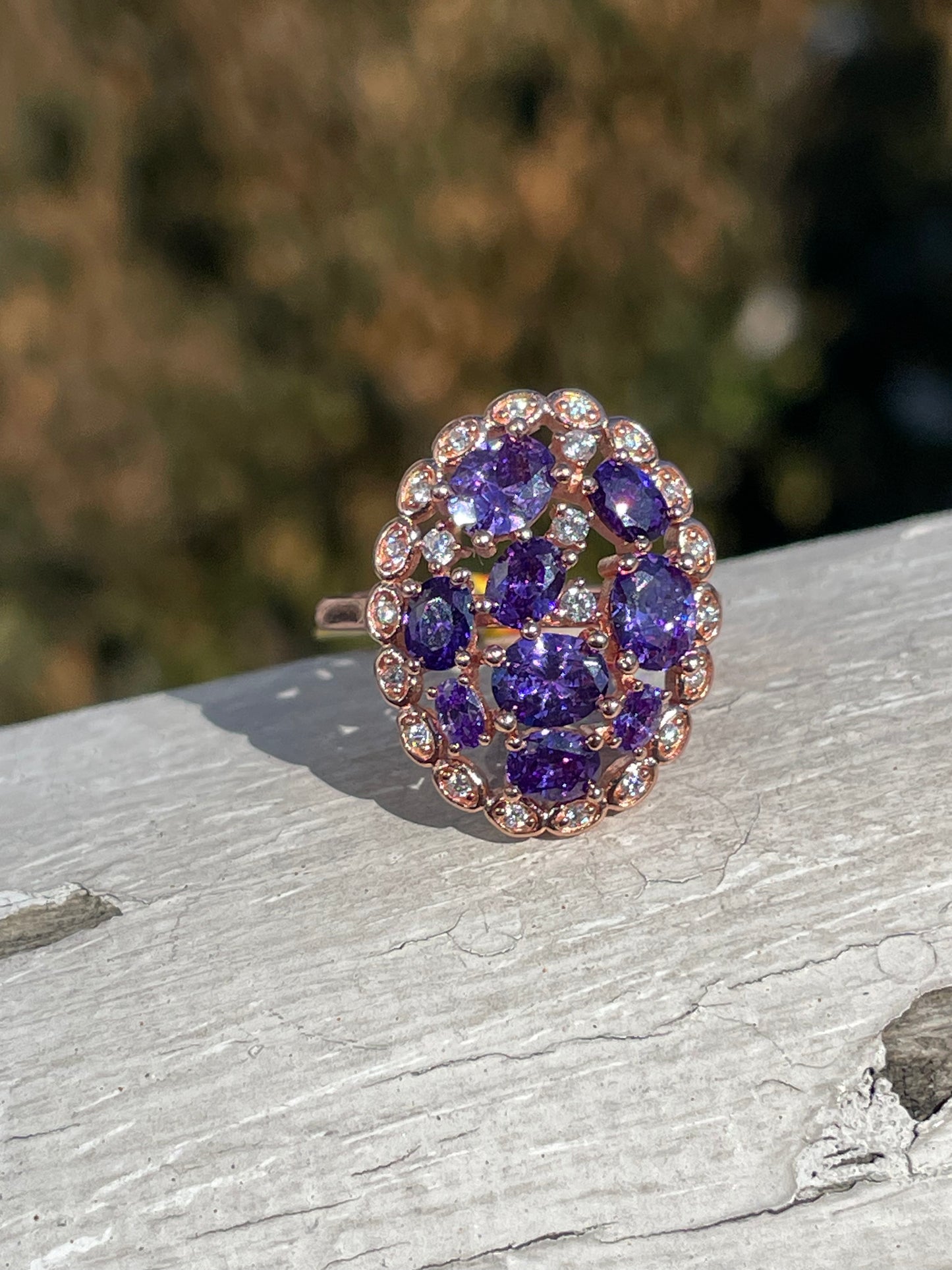 925 Sterling Silver Rose Vermeil Amethyst & Clear Zirconia Cluster Ring