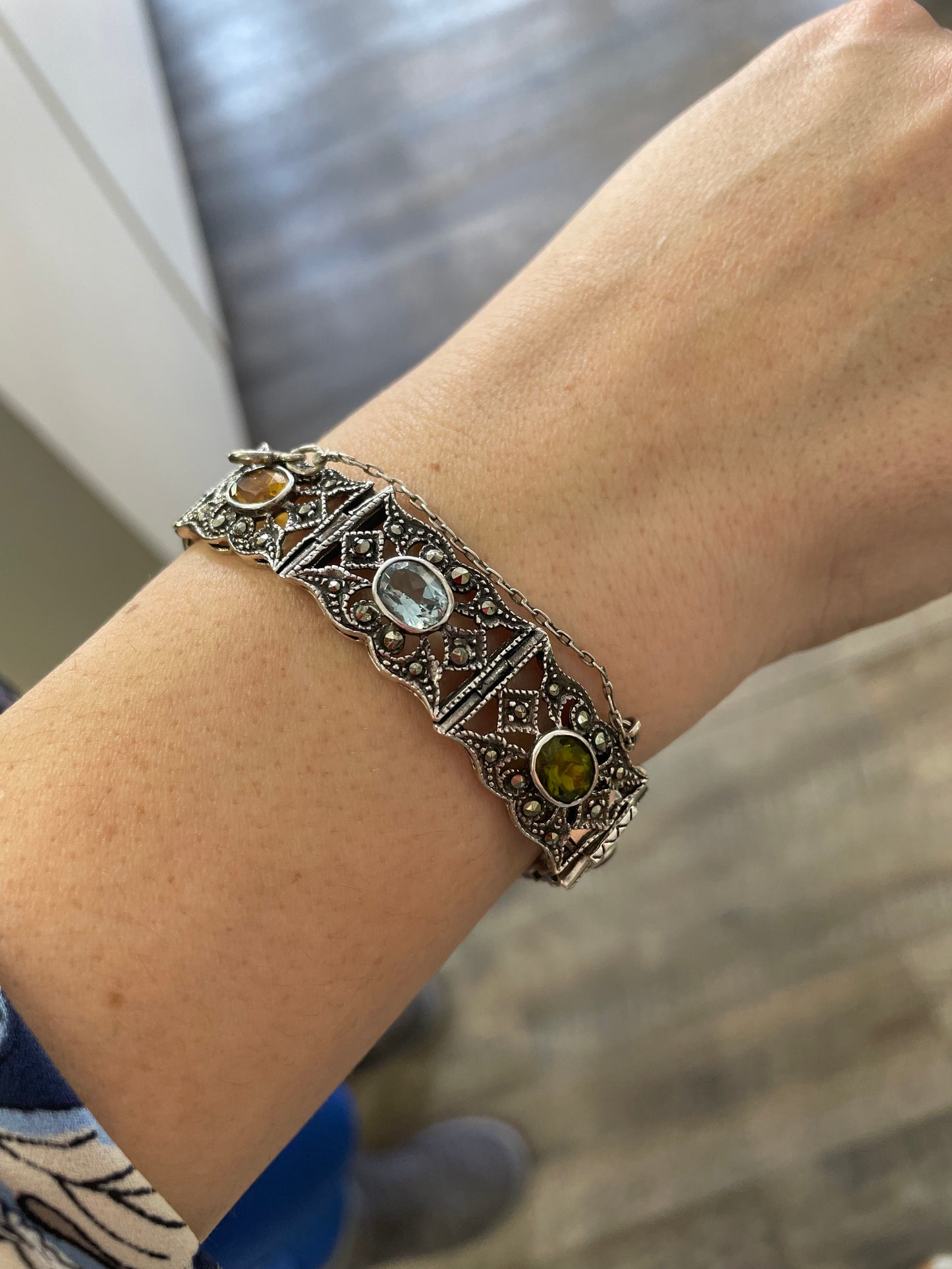 Vintage 925 Sterling Silver Multi Color Gemstone & Marcasite Bracelet