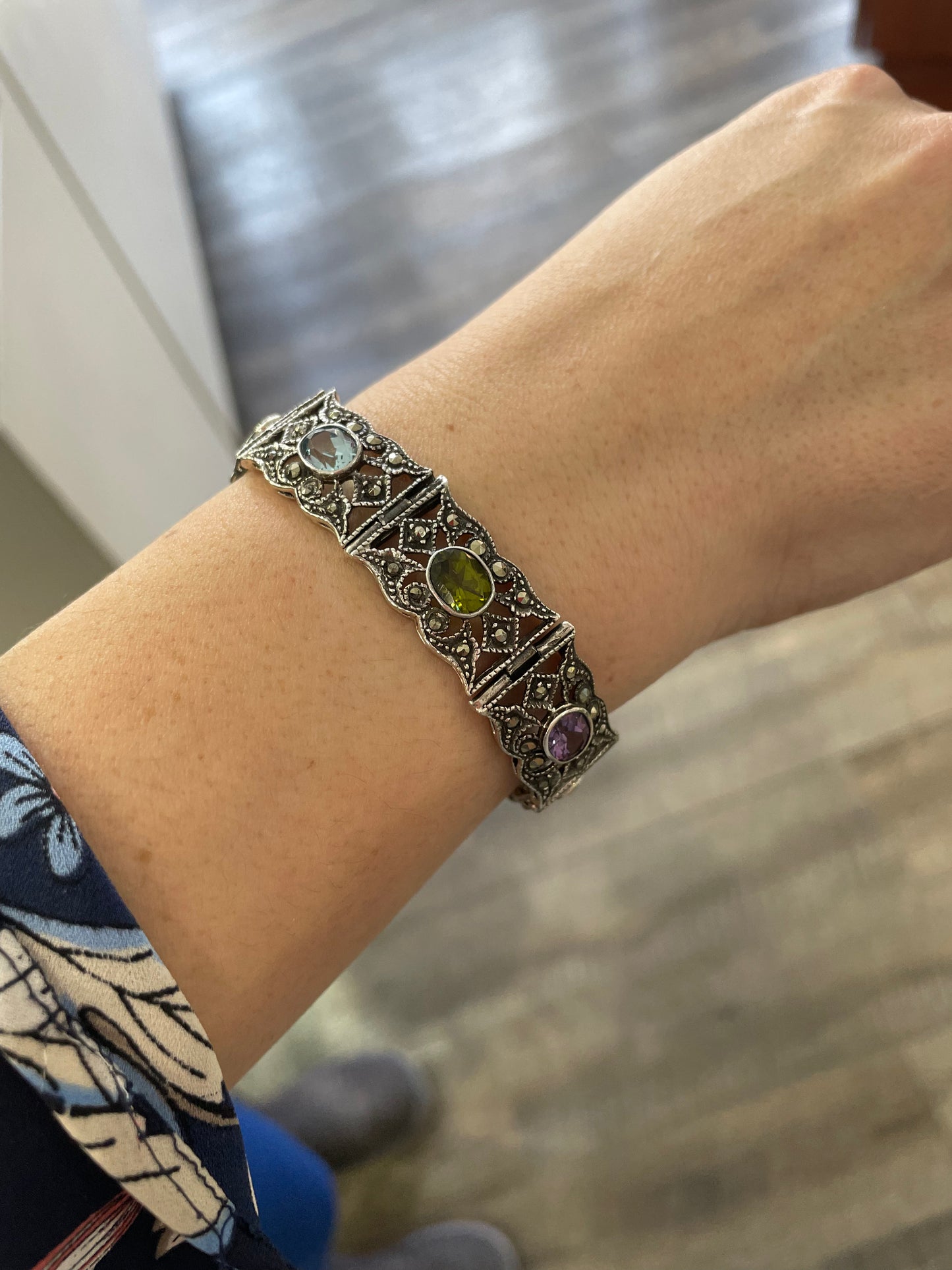 Vintage 925 Sterling Silver Multi Color Gemstone & Marcasite Bracelet