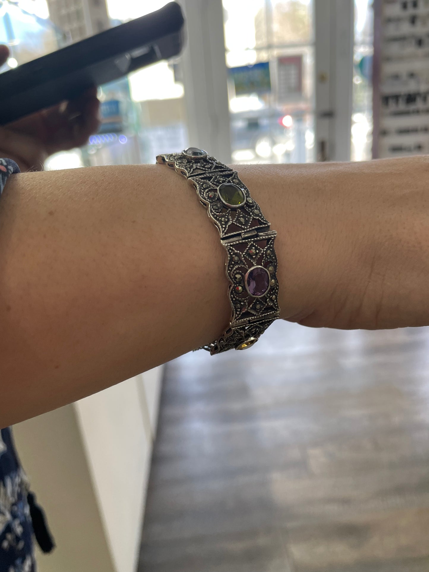 Vintage 925 Sterling Silver Multi Color Gemstone & Marcasite Bracelet