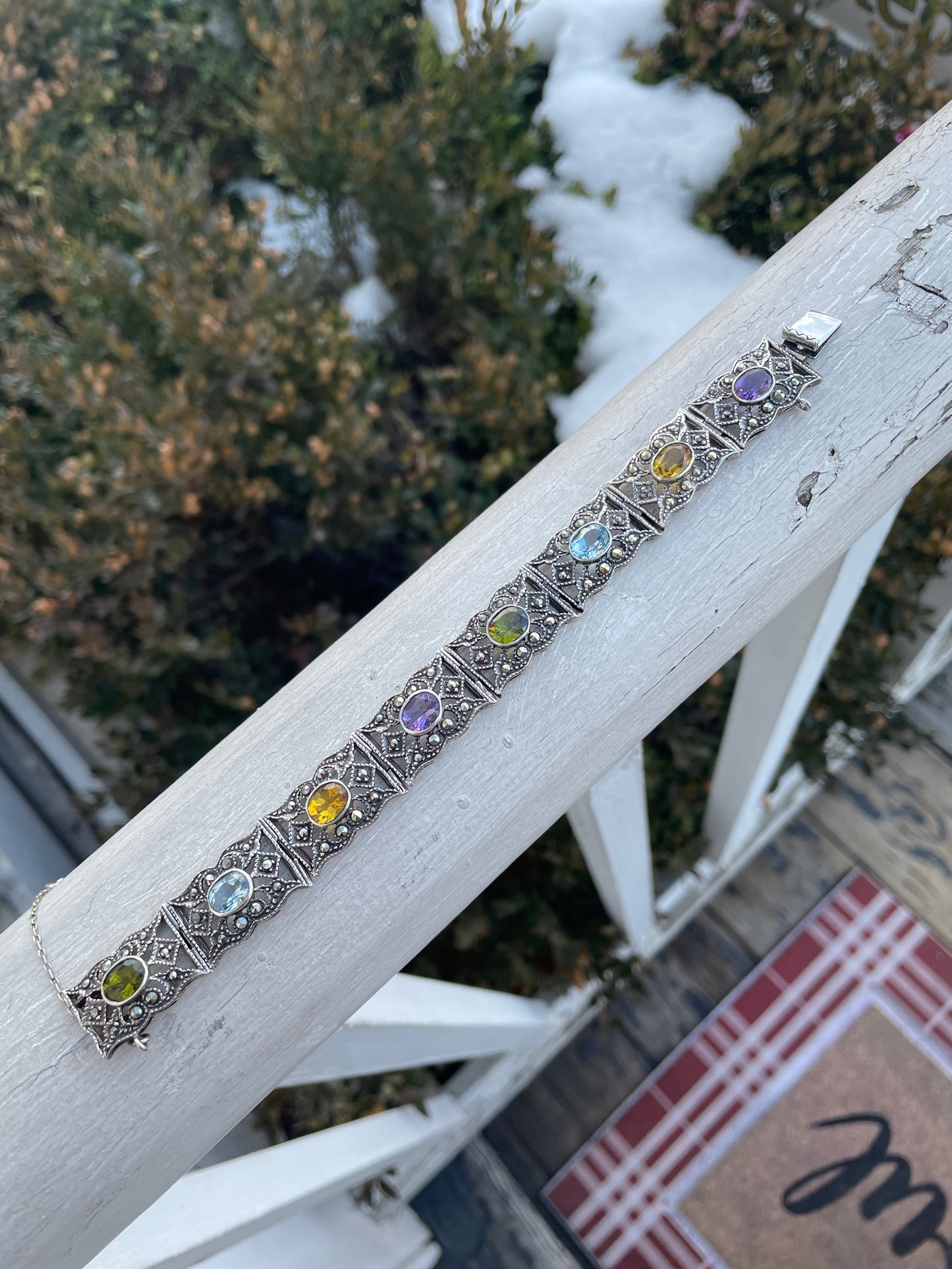 Vintage 925 Sterling Silver Multi Color Gemstone & Marcasite Bracelet