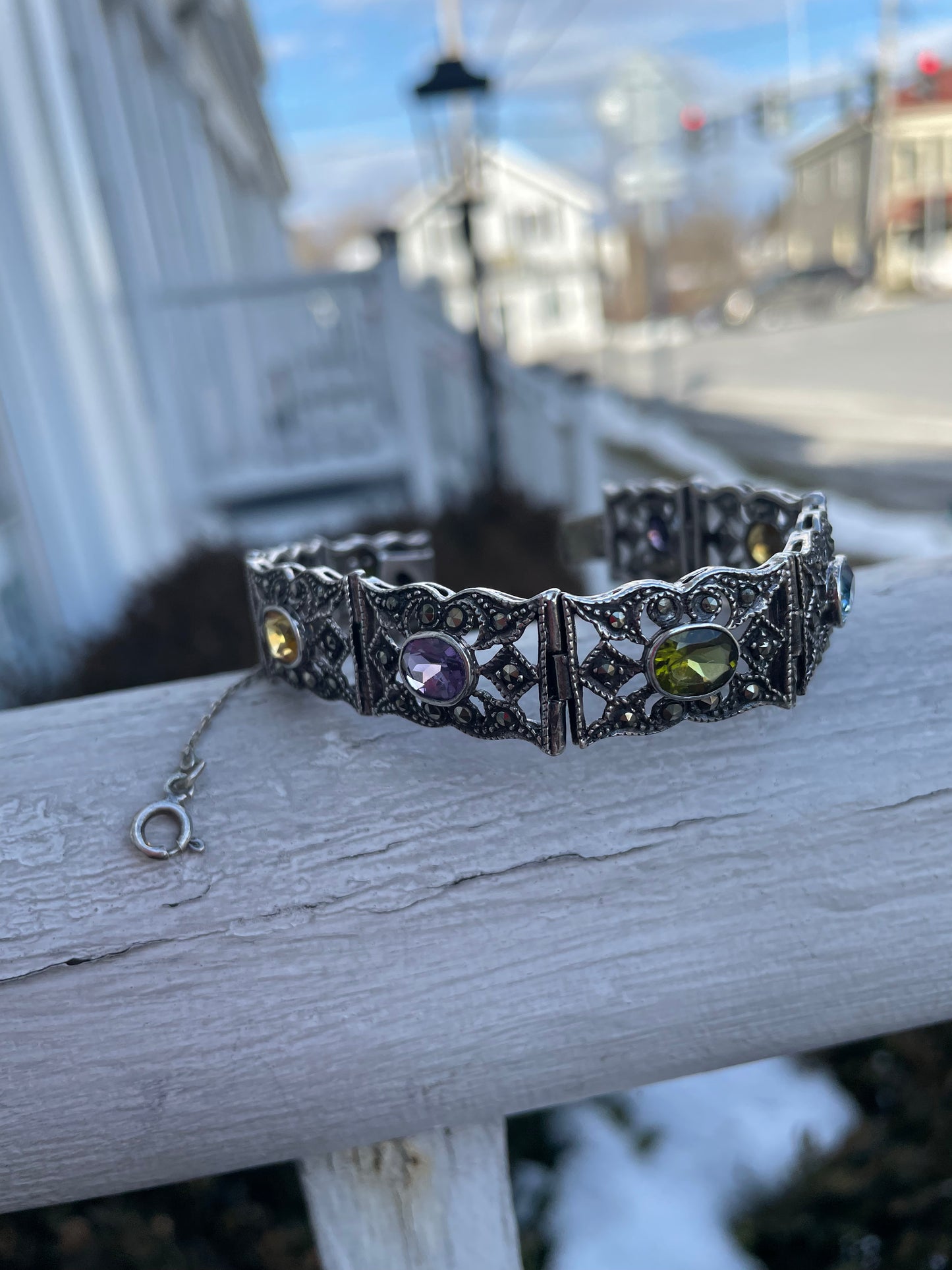 Vintage 925 Sterling Silver Multi Color Gemstone & Marcasite Bracelet