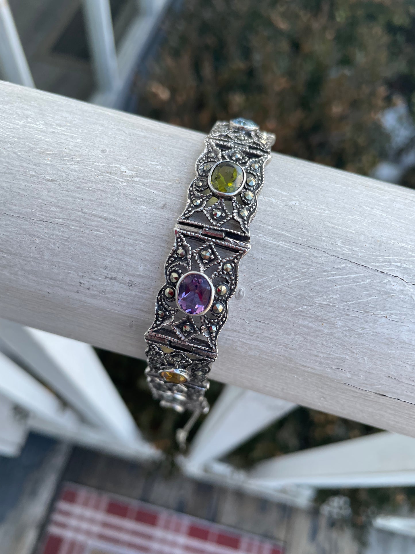 Vintage 925 Sterling Silver Multi Color Gemstone & Marcasite Bracelet
