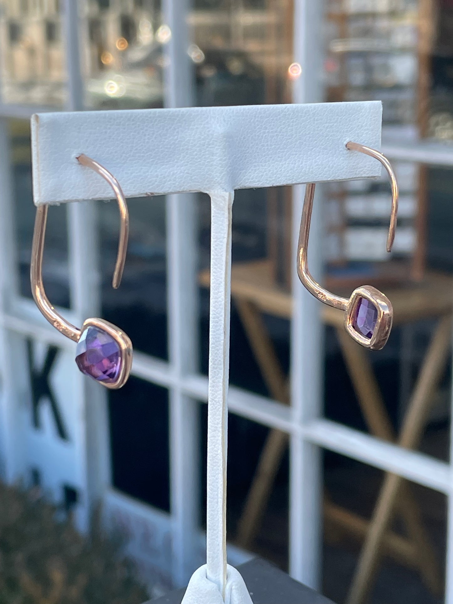 925 Sterling Silver Rose Vermeil Modernist Abstract Rectangular Amethyst Hoop Earrings