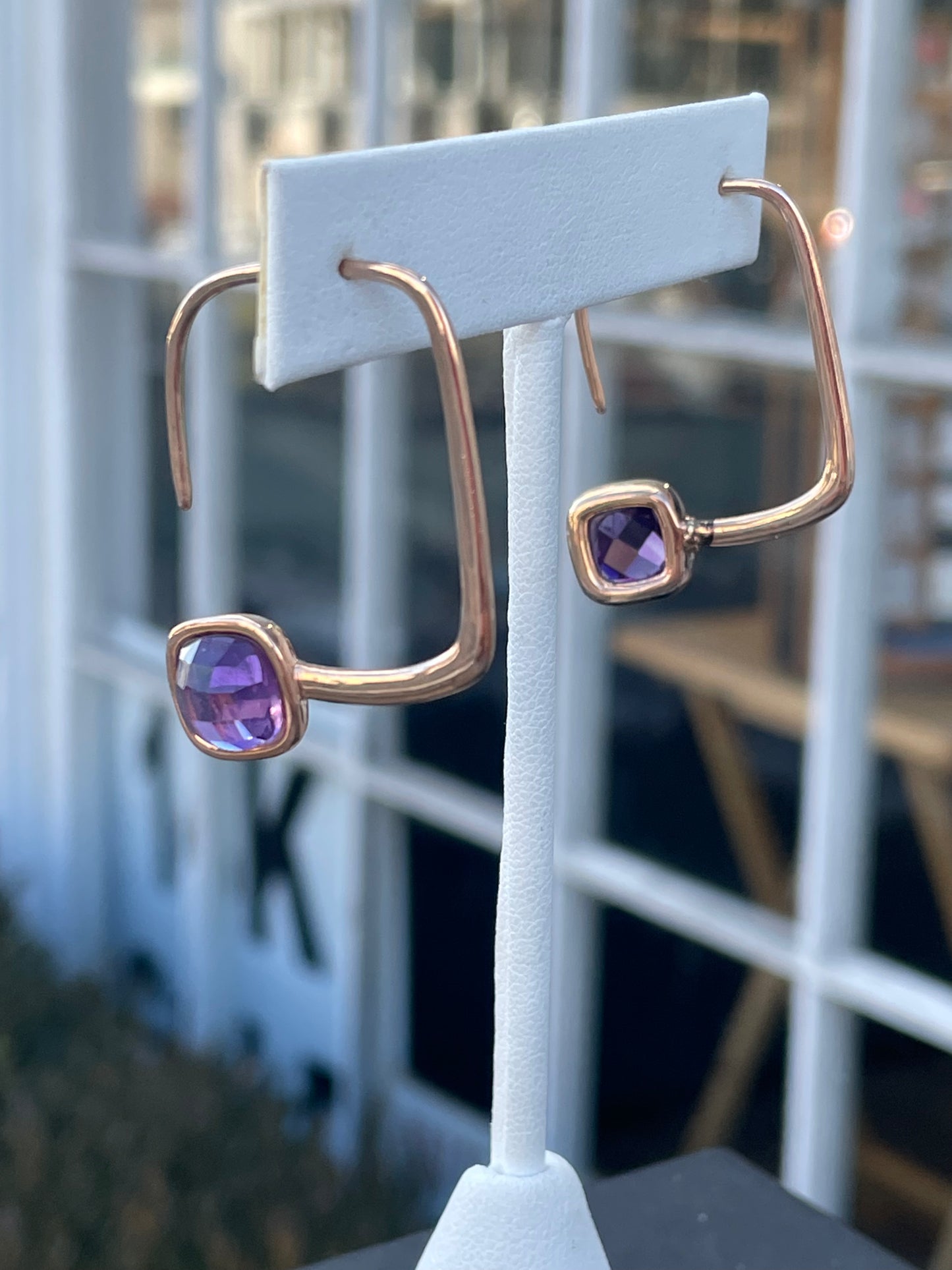 925 Sterling Silver Rose Vermeil Modernist Abstract Rectangular Amethyst Hoop Earrings