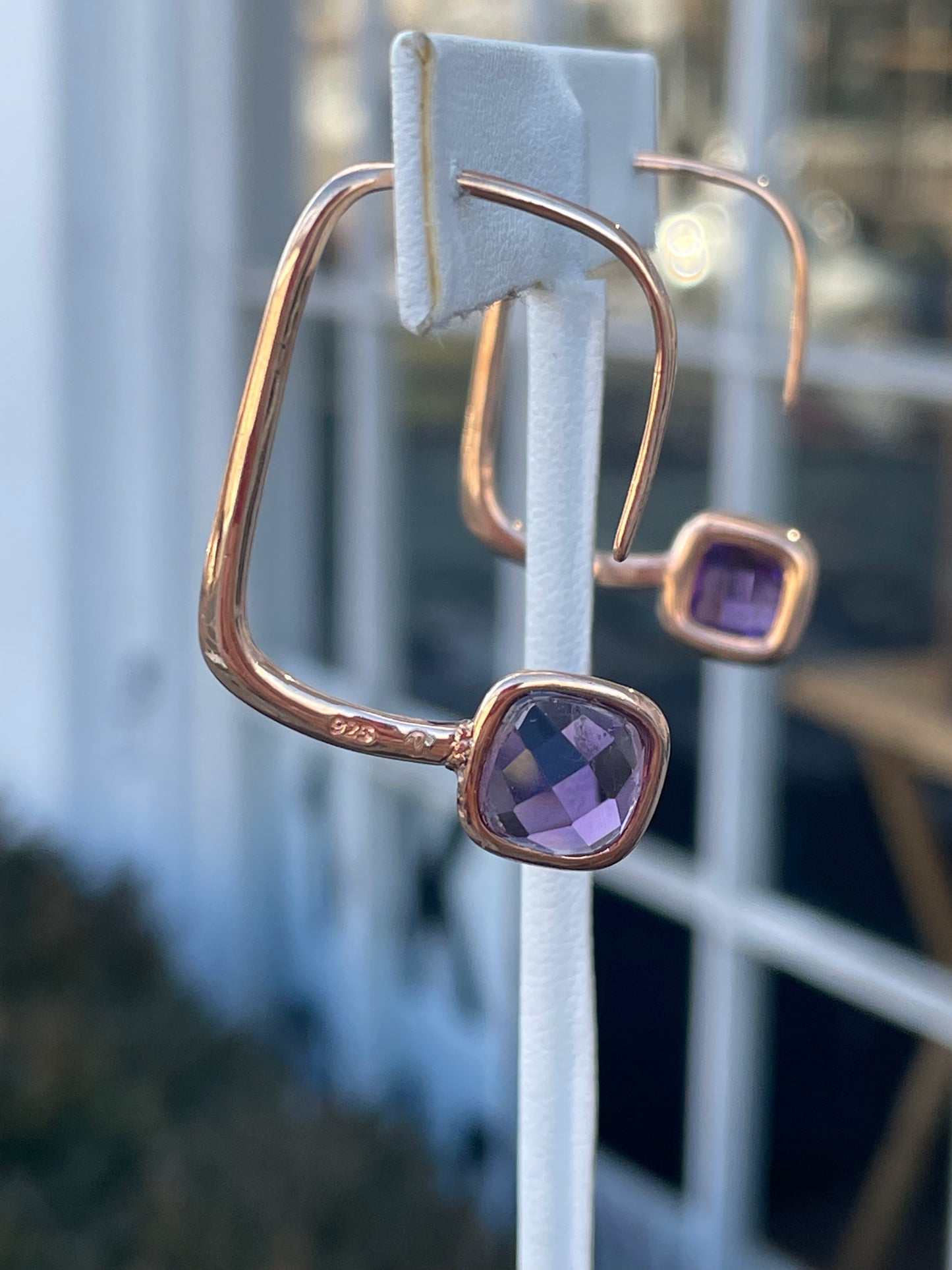 925 Sterling Silver Rose Vermeil Modernist Abstract Rectangular Amethyst Hoop Earrings