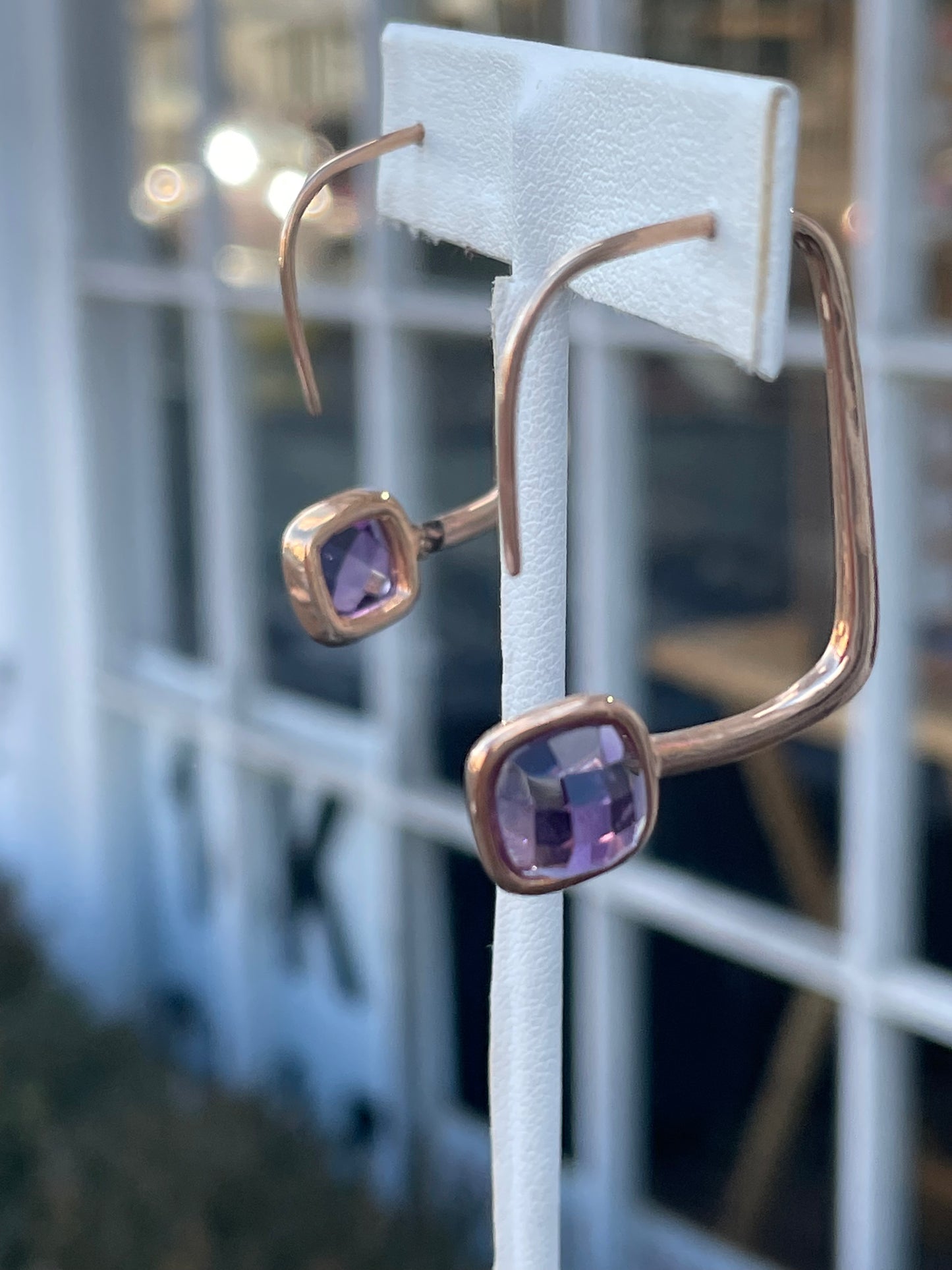 925 Sterling Silver Rose Vermeil Modernist Abstract Rectangular Amethyst Hoop Earrings