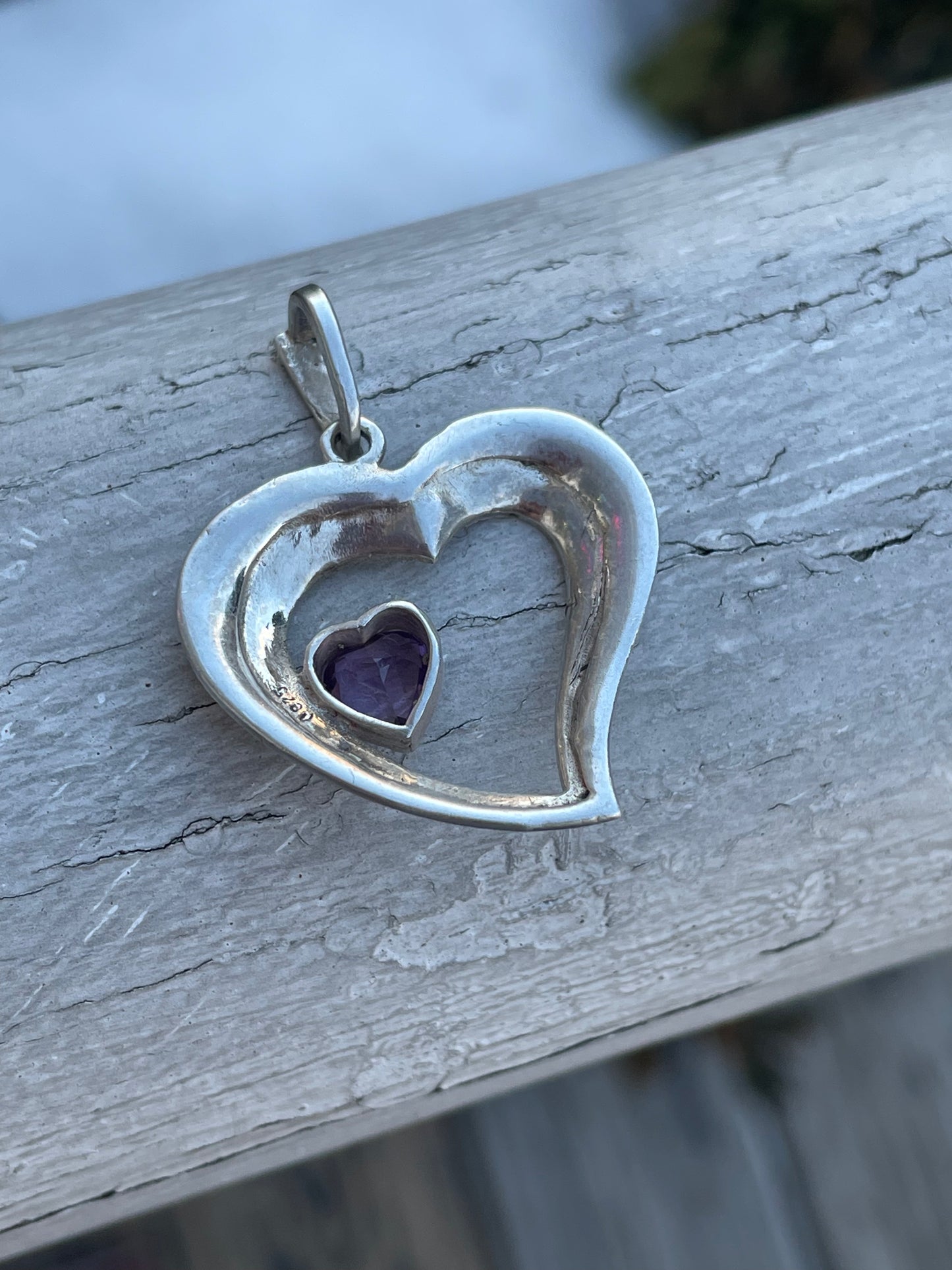 925 Sterling Silver Open Heart Marcasite & Amethyst Pendant Charm
