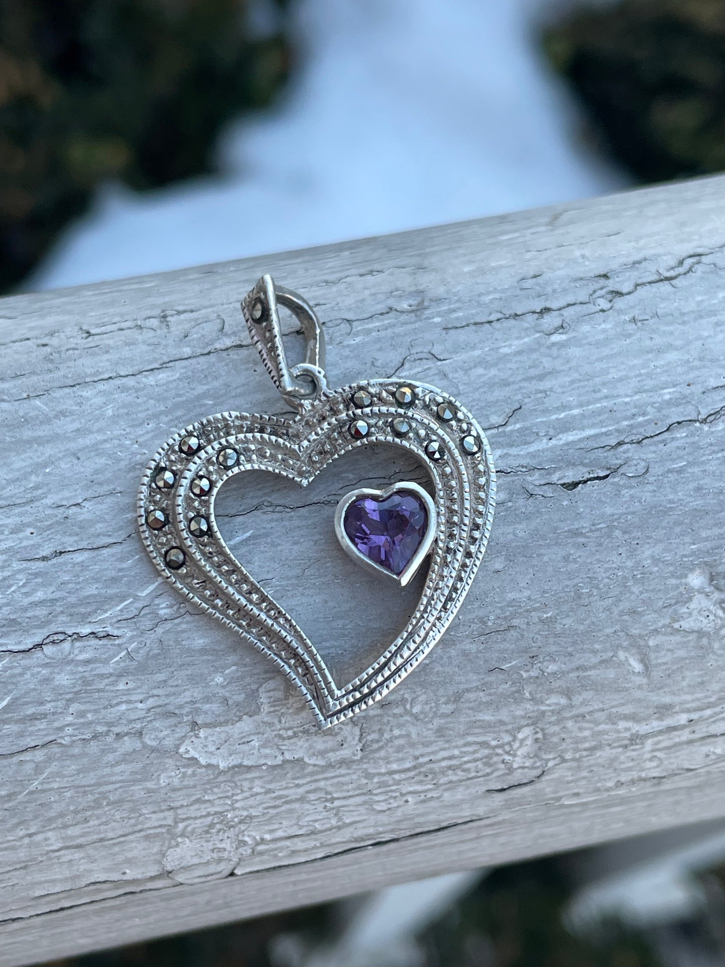 925 Sterling Silver Open Heart Marcasite & Amethyst Pendant Charm
