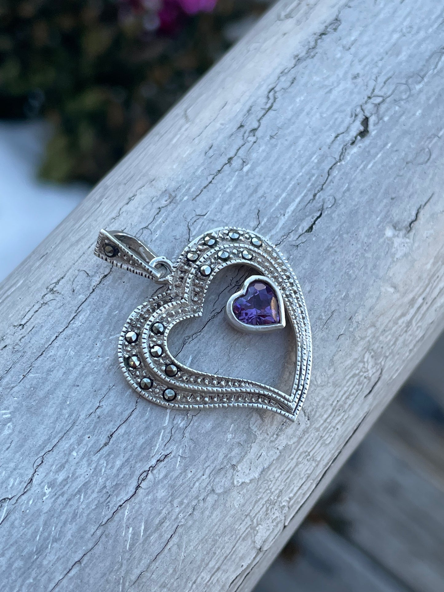 925 Sterling Silver Open Heart Marcasite & Amethyst Pendant Charm