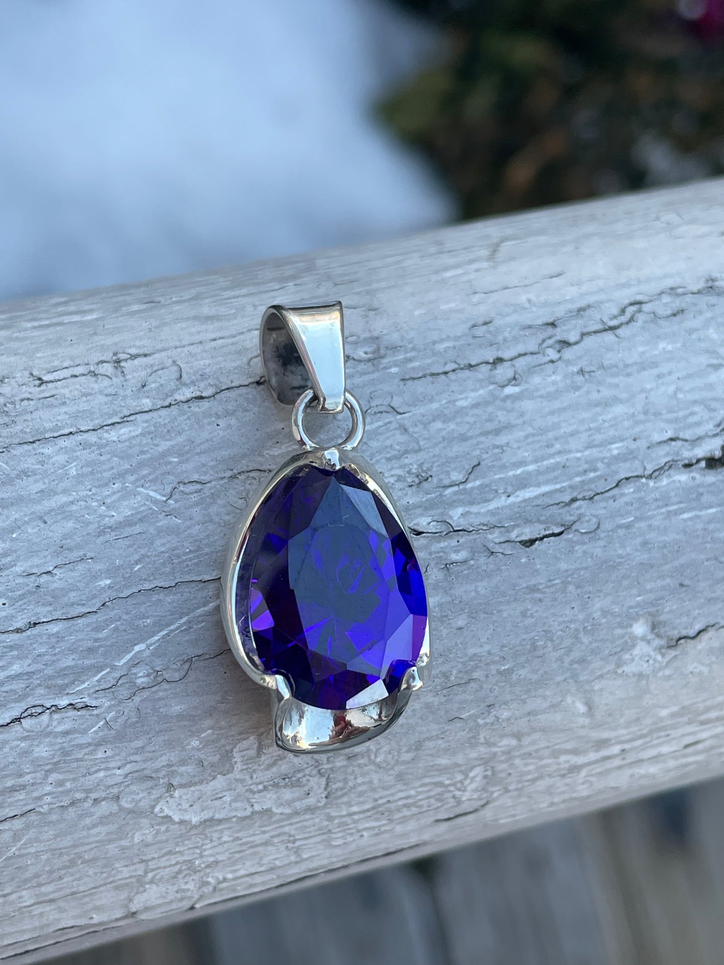 925 Sterling Silver Lab Created Dark Pear Shape Amethyst Pendant