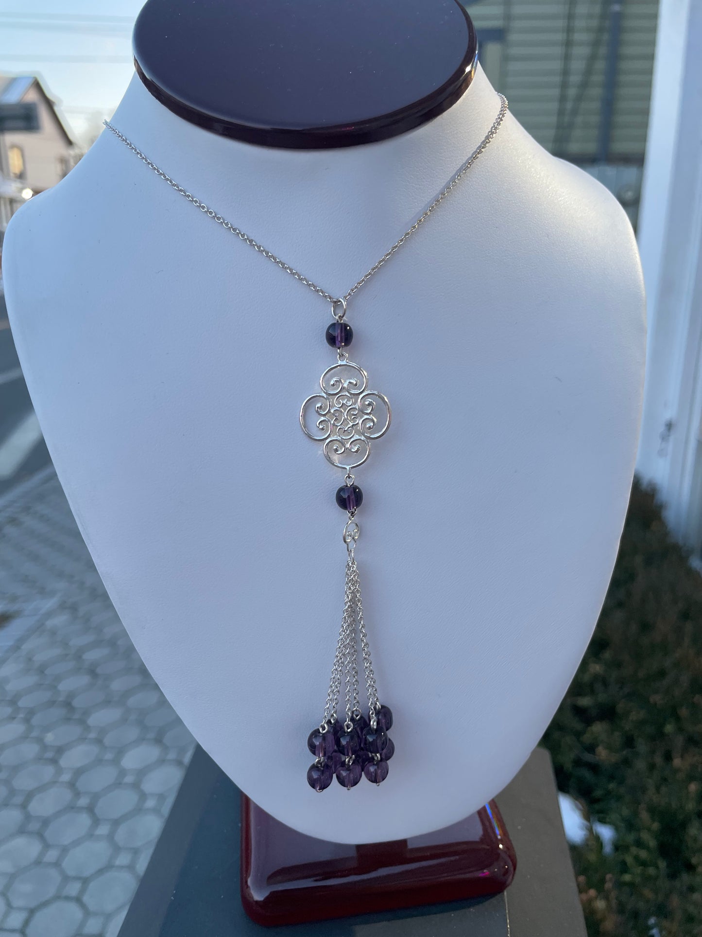 925 Sterling Silver Quadruplo Amethyst Beaded Drop Necklace