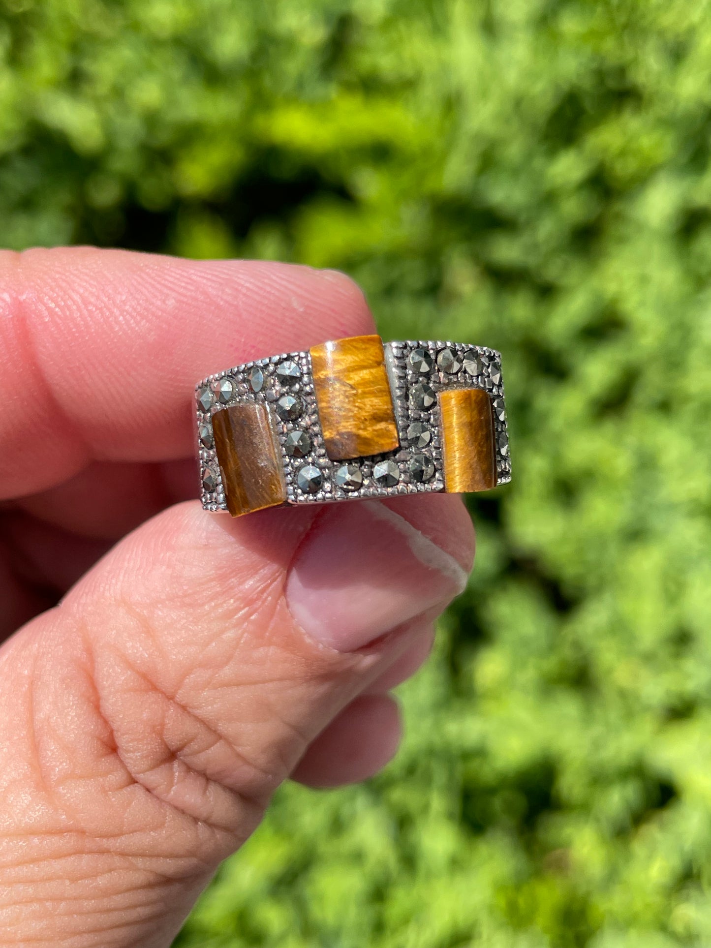 925 Sterling Silver Tigereye & Marcasite Modernist Designer Band Ring