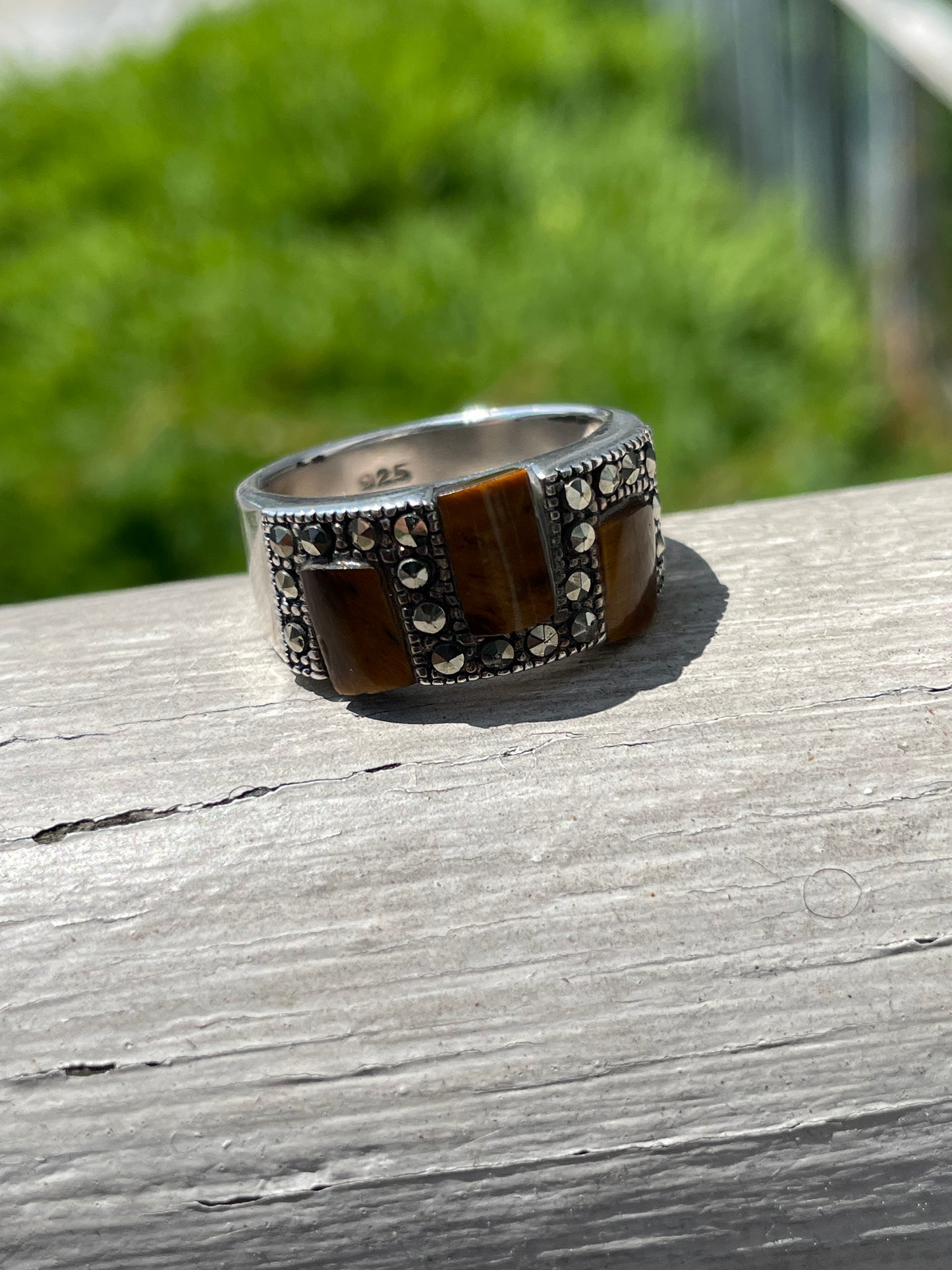 925 Sterling Silver Tigereye & Marcasite Modernist Designer Band Ring