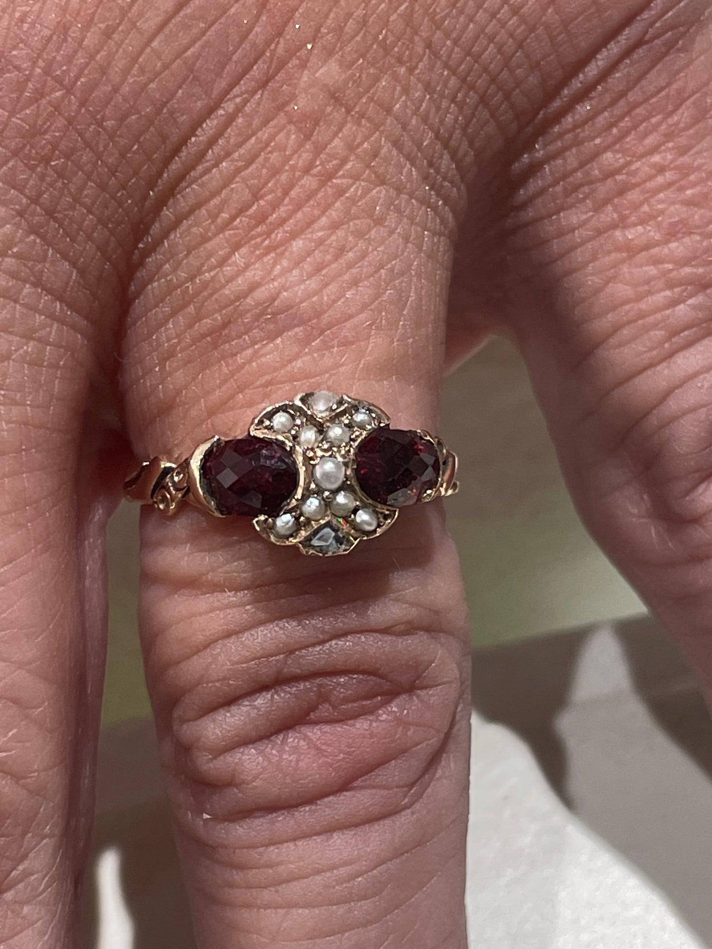 10k Gold Antique Rhodolite Garnet & Southwest India Pearl Cluster Ring