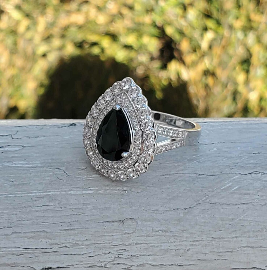 925 Sterling Silver Black Obsidian & Vlear Zirconia Cocktail Ring