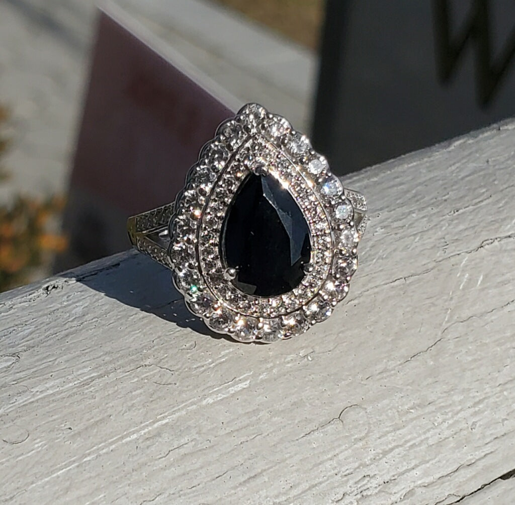 925 Sterling Silver Black Obsidian & Vlear Zirconia Cocktail Ring
