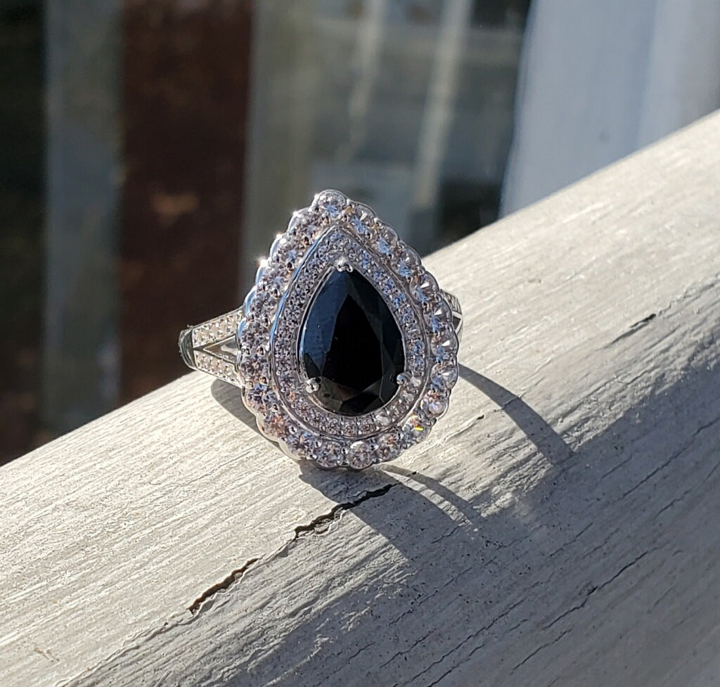 925 Sterling Silver Black Obsidian & Vlear Zirconia Cocktail Ring