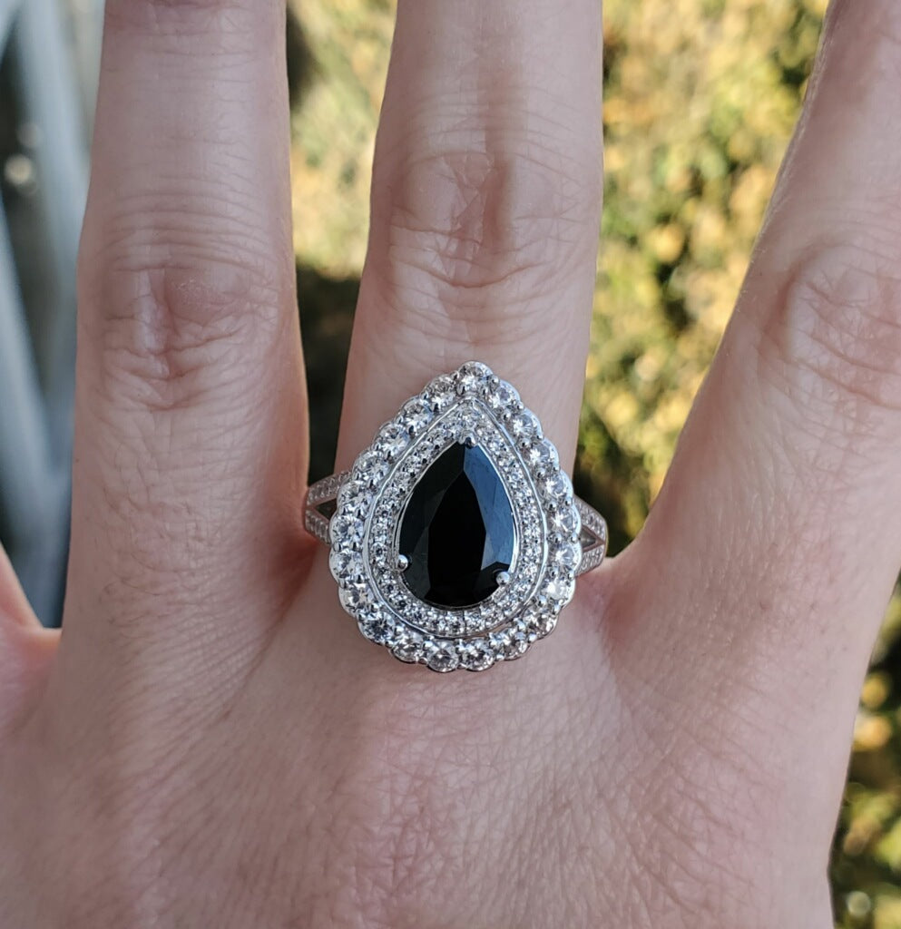 925 Sterling Silver Black Obsidian & Vlear Zirconia Cocktail Ring