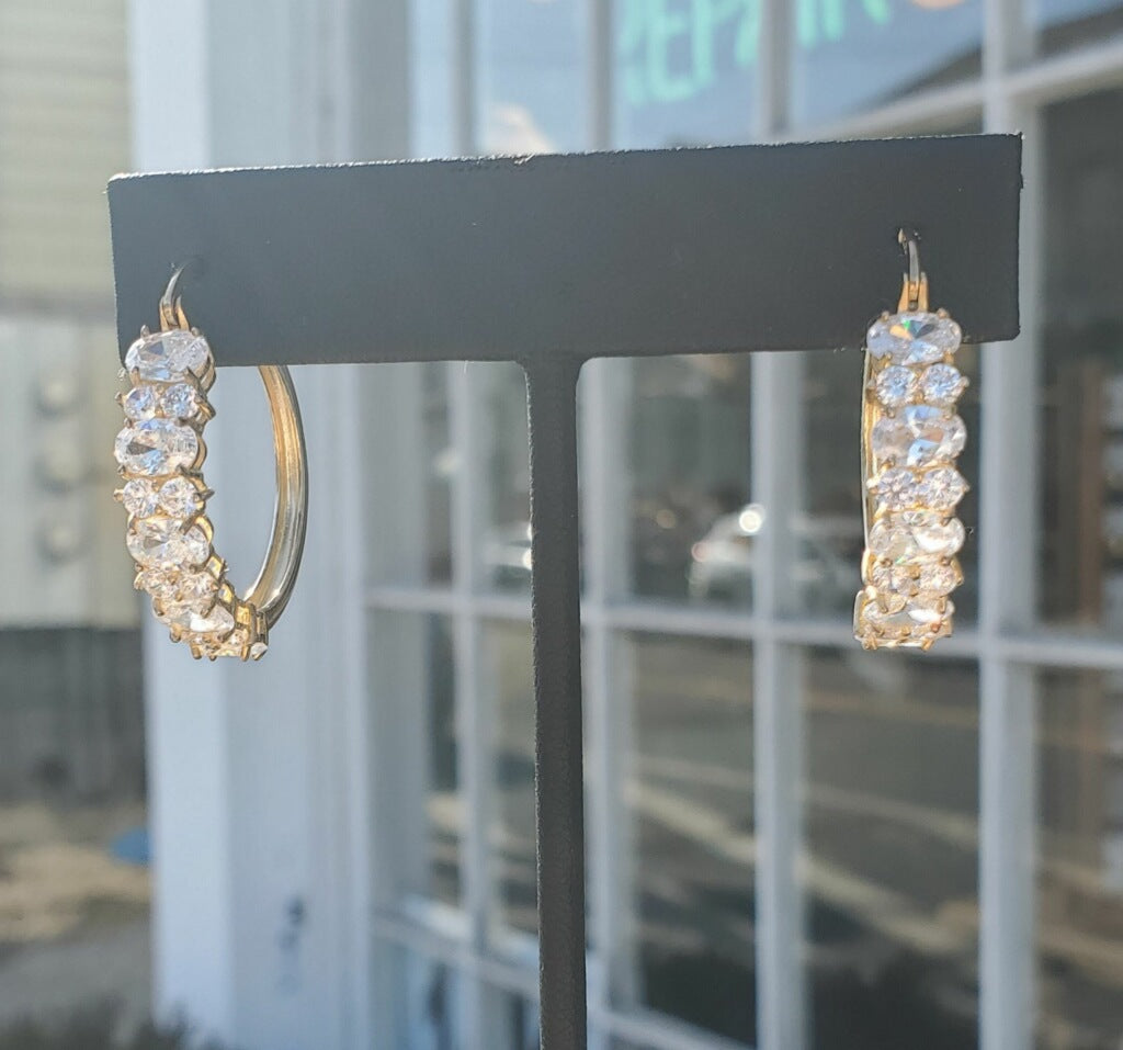925 Sterling Silver Vermeil Sparkling Clear Zirconia Cluster Hoop Earrings