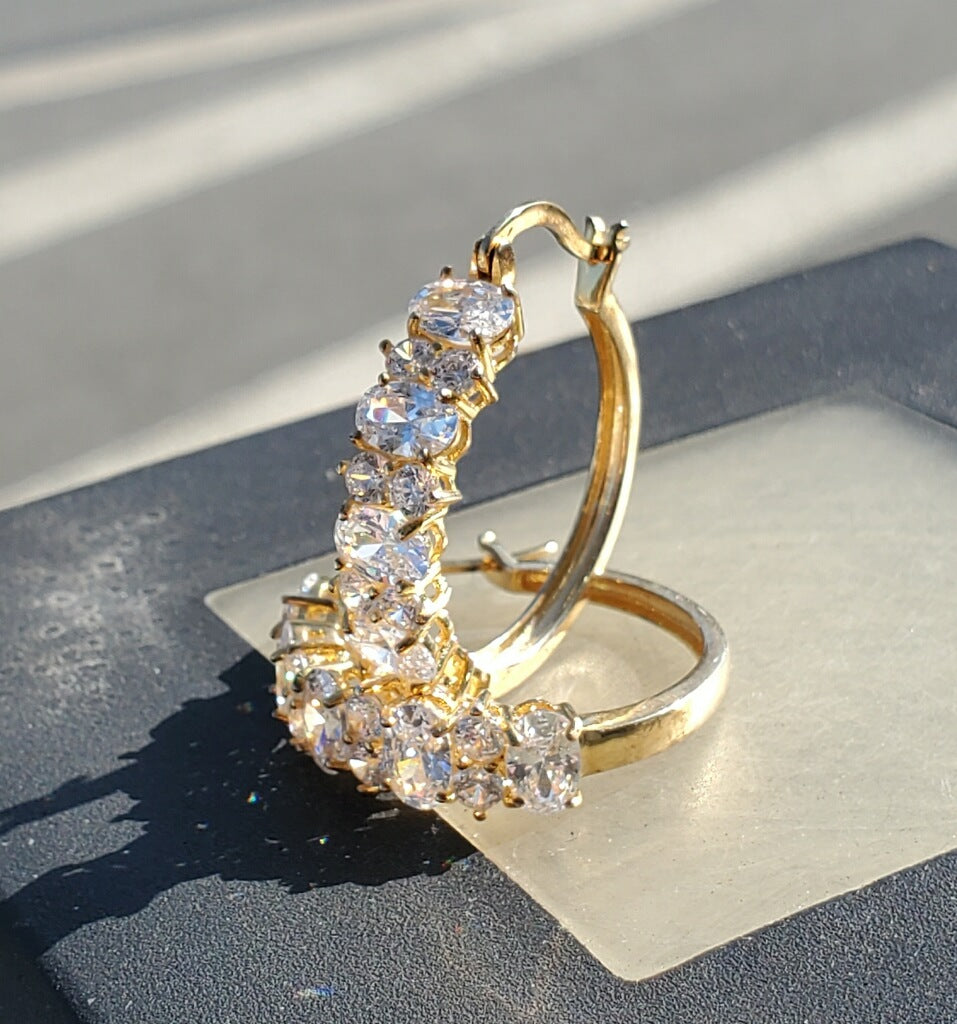 925 Sterling Silver Vermeil Sparkling Clear Zirconia Cluster Hoop Earrings