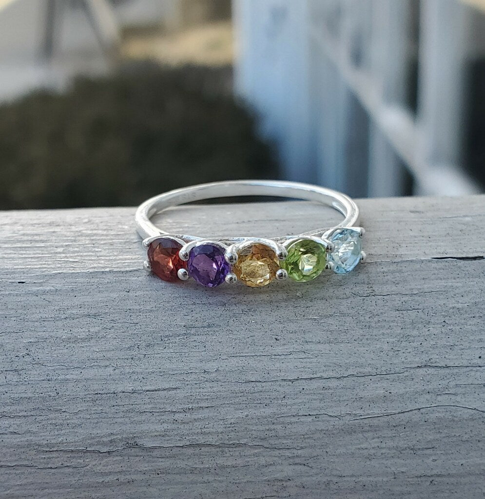 925 Sterling Silver Multi Color Stone Band Ring