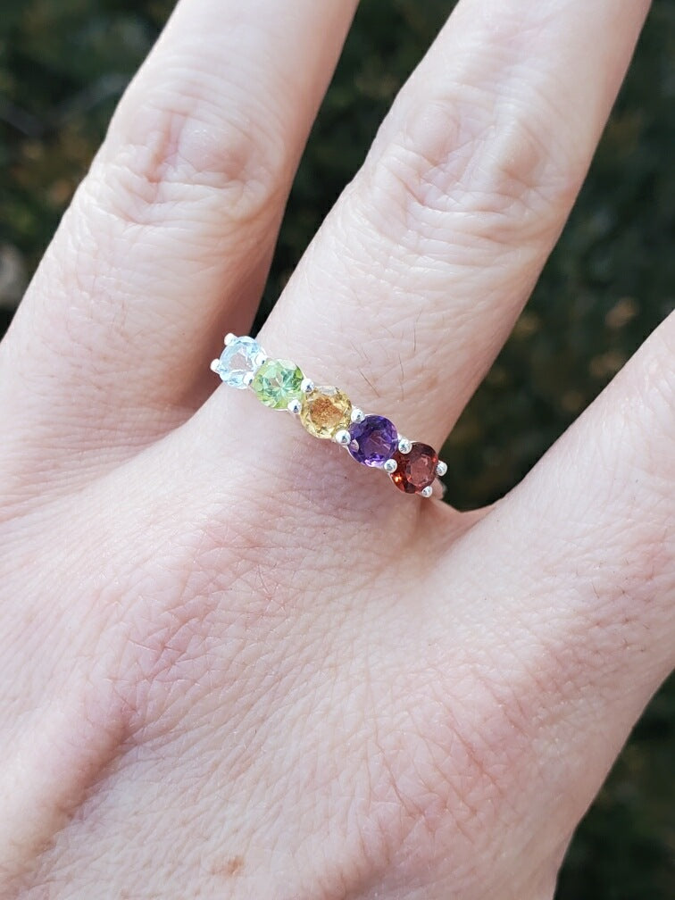 925 Sterling Silver Multi Color Stone Band Ring