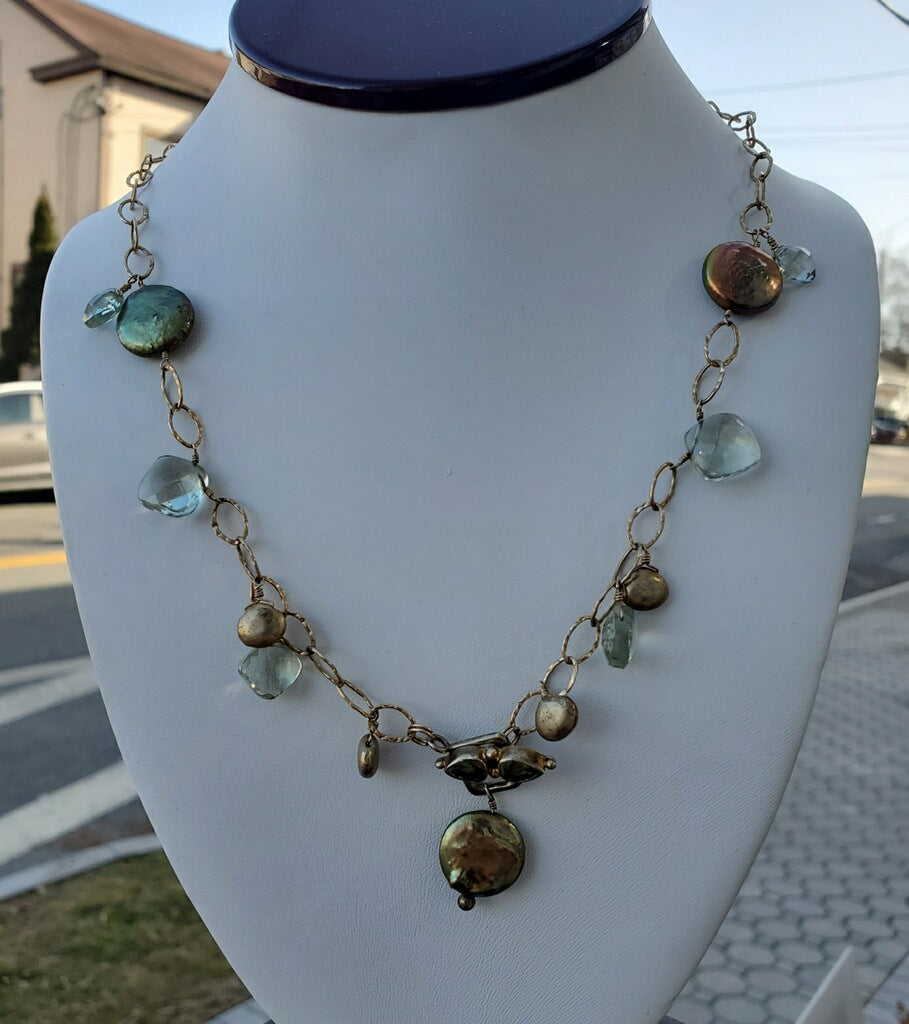 925 Sterling Silver Vermeil Abalone, Peridot & Green Amethyst Link Necklace