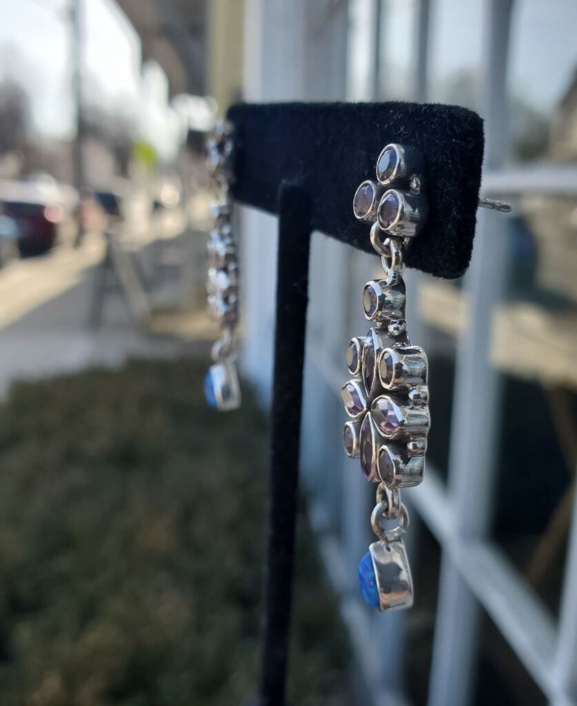 925 Sterling Silver Amethyst & Blue Opal Chandelier Earrings