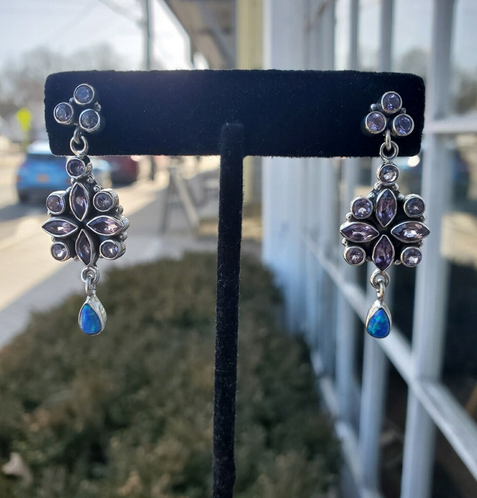 925 Sterling Silver Amethyst & Blue Opal Chandelier Earrings