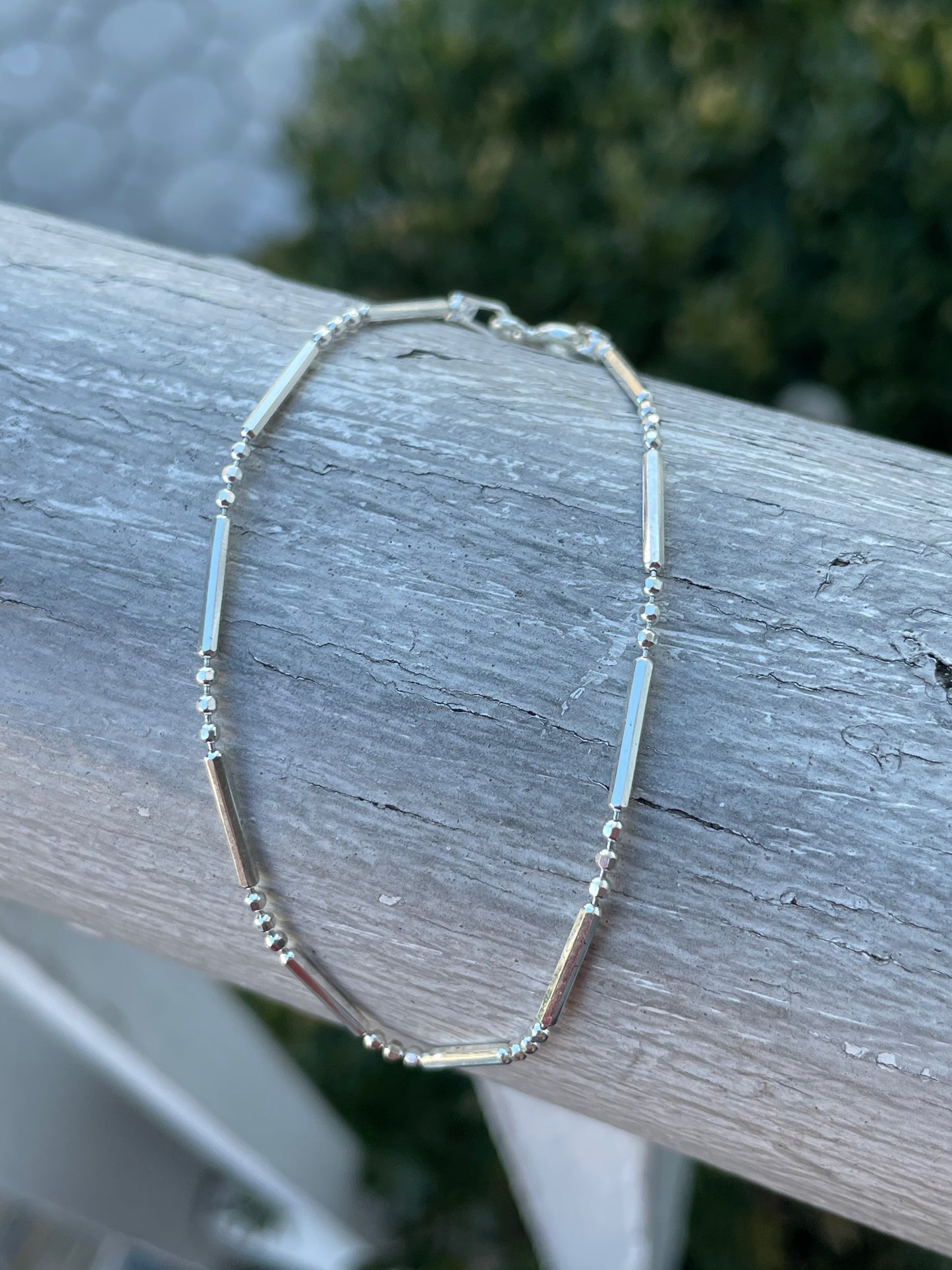 925 Sterling Silver Thin Bead n Bar Stack Bracelet 7”