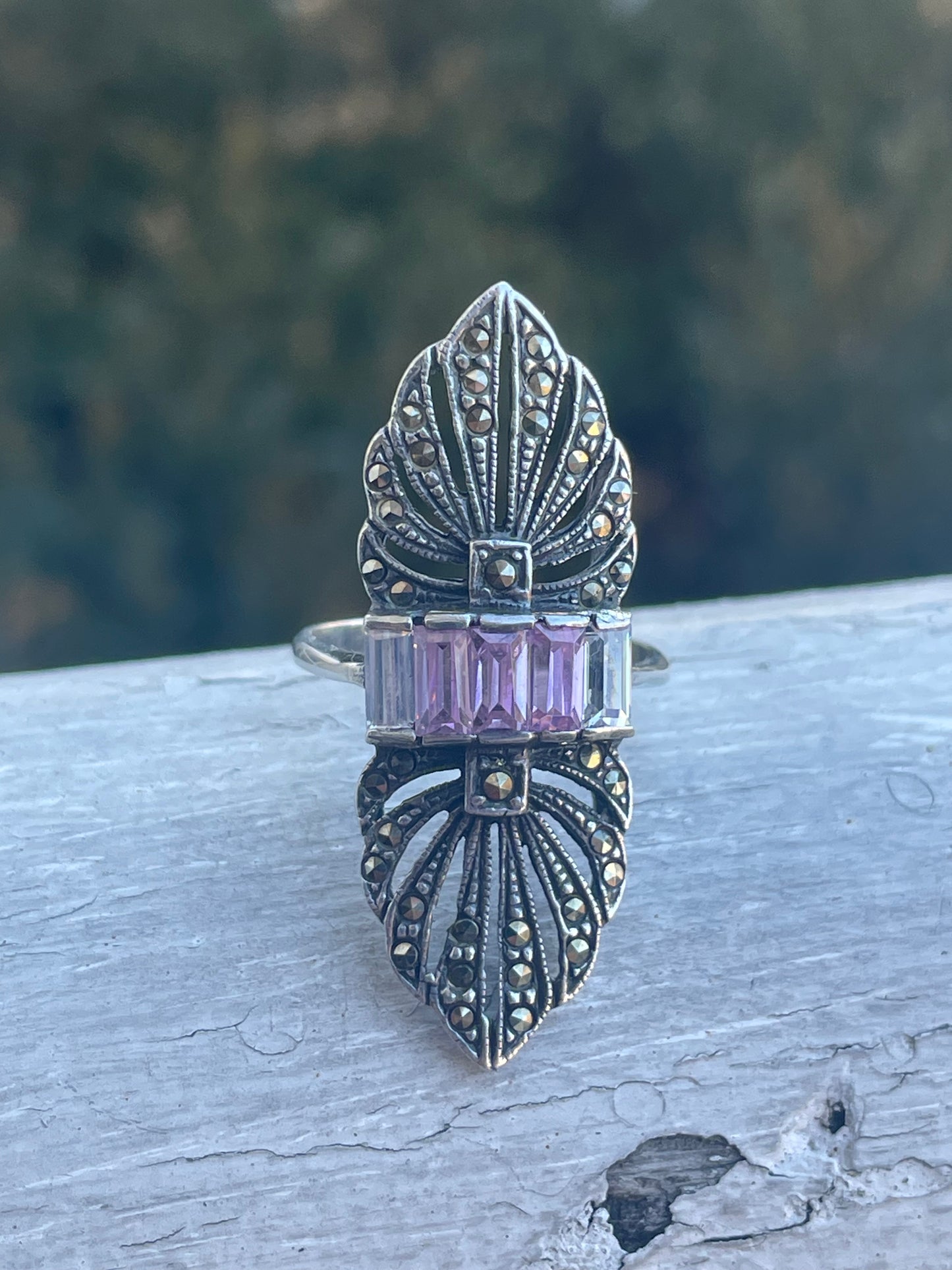 Vintage 925 Sterling Silver Art Deco Marcasite & Zirconia Decor Ring