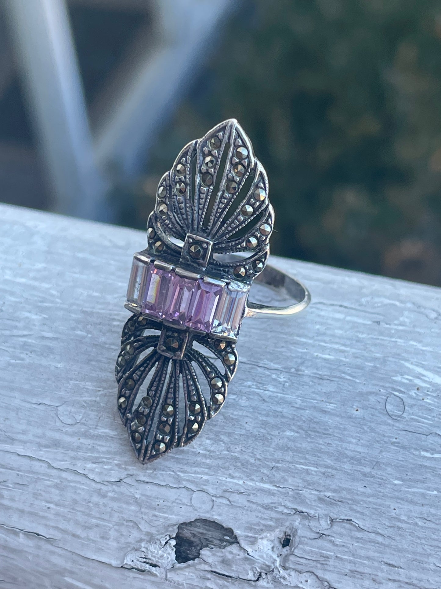 Vintage 925 Sterling Silver Art Deco Marcasite & Zirconia Decor Ring