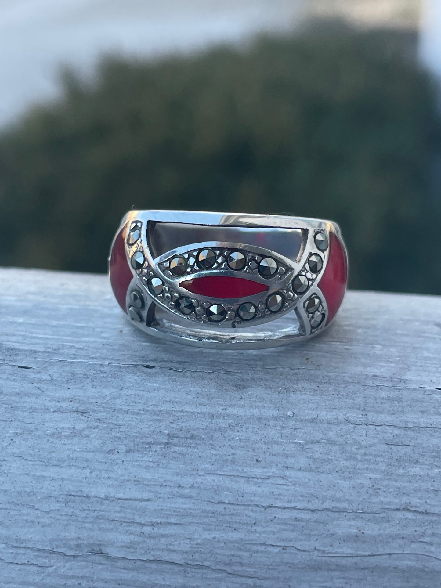 925 Sterling Silver Red Coral & Marcasite Openwork Band Ring