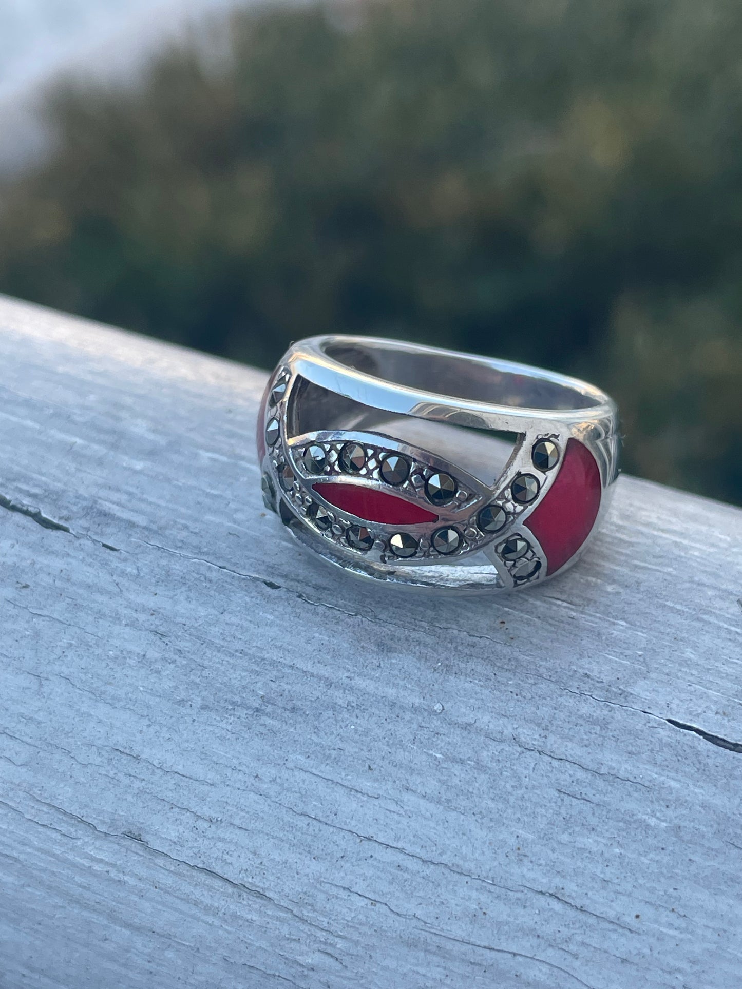 925 Sterling Silver Red Coral & Marcasite Openwork Band Ring