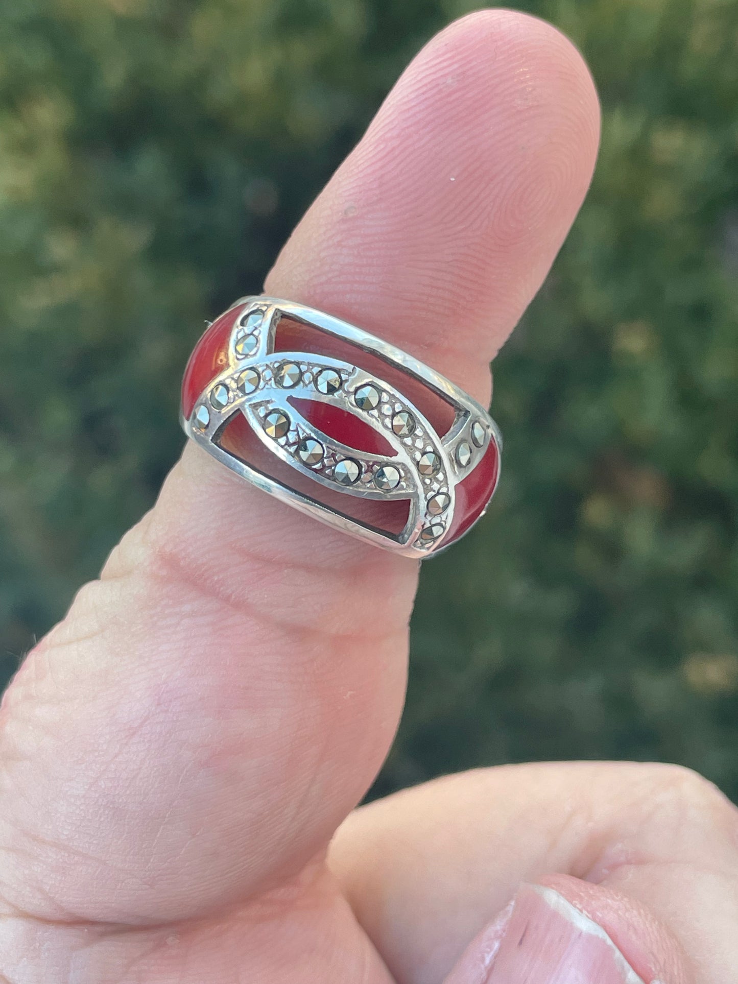 925 Sterling Silver Red Coral & Marcasite Openwork Band Ring
