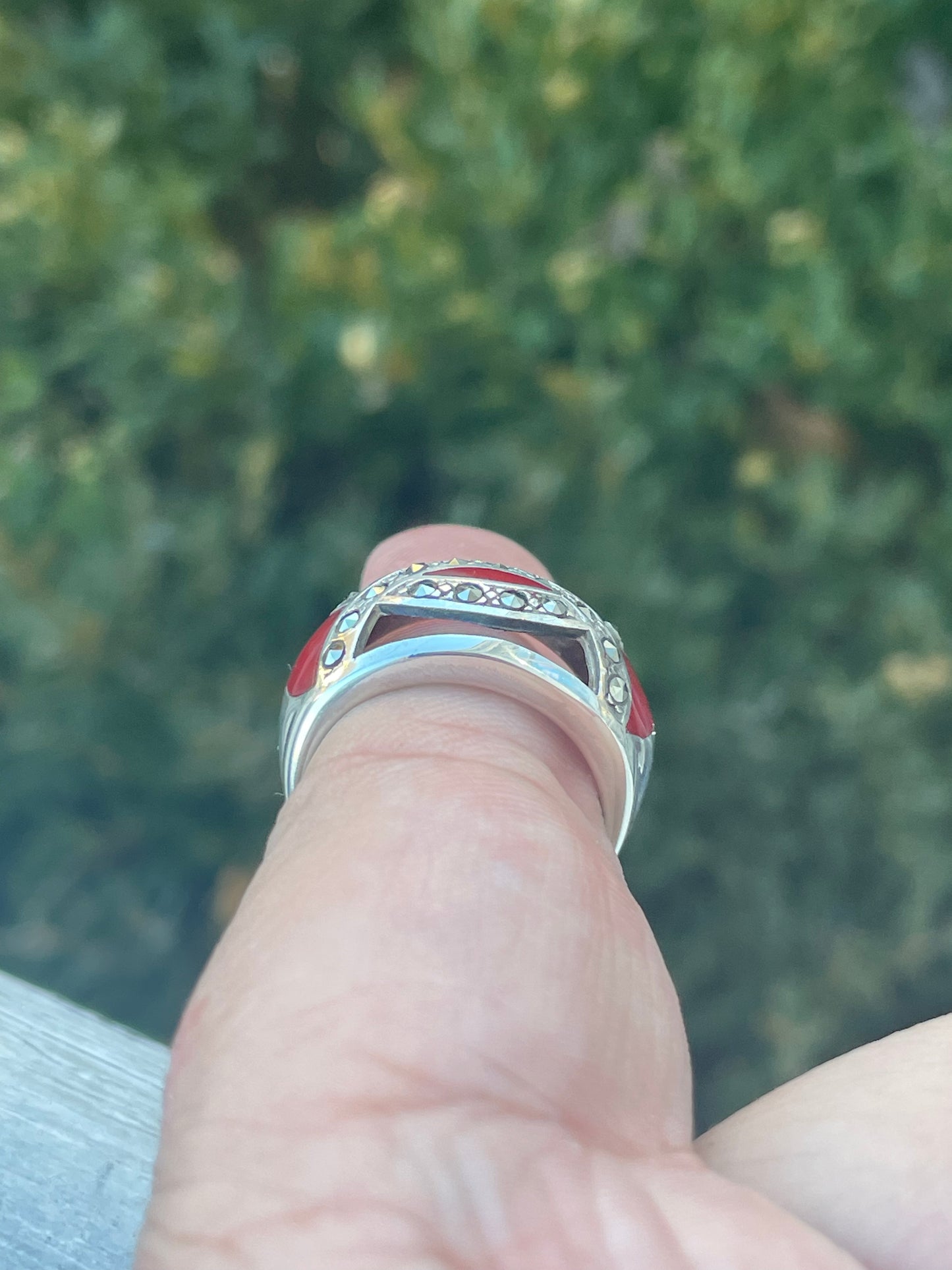 925 Sterling Silver Red Coral & Marcasite Openwork Band Ring