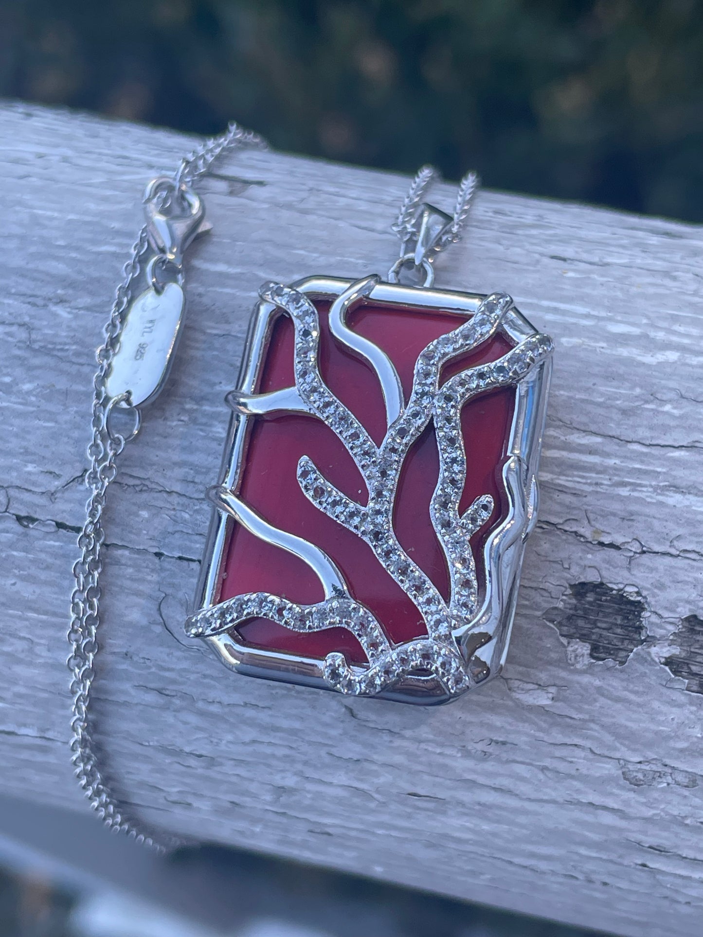 925 Sterling Silver Designer With You Red Coral & Clear Zirconia Locket Necklace