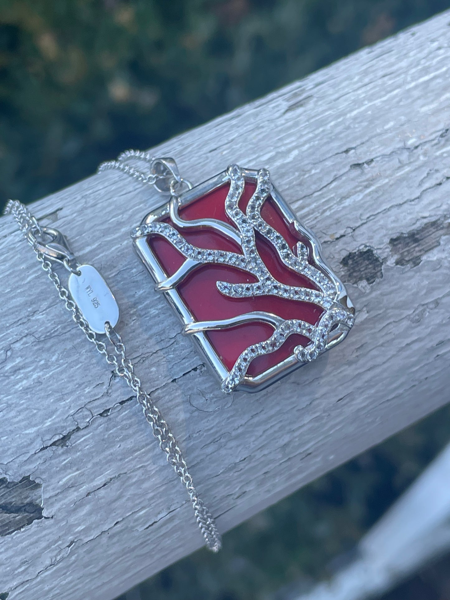 925 Sterling Silver Designer With You Red Coral & Clear Zirconia Locket Necklace