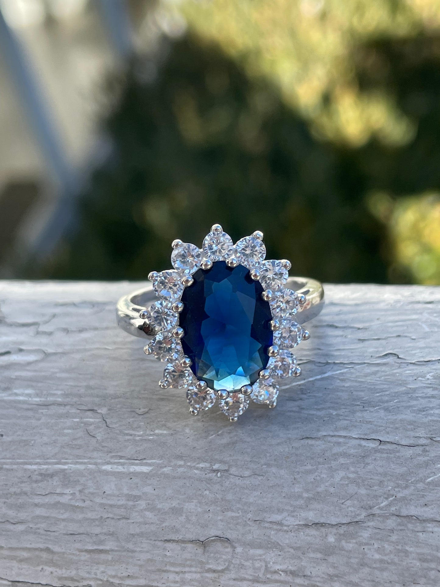 925 Sterling Silver Princess Diana Style Lab Sapphire & Clear Zirconia Cluster Ring