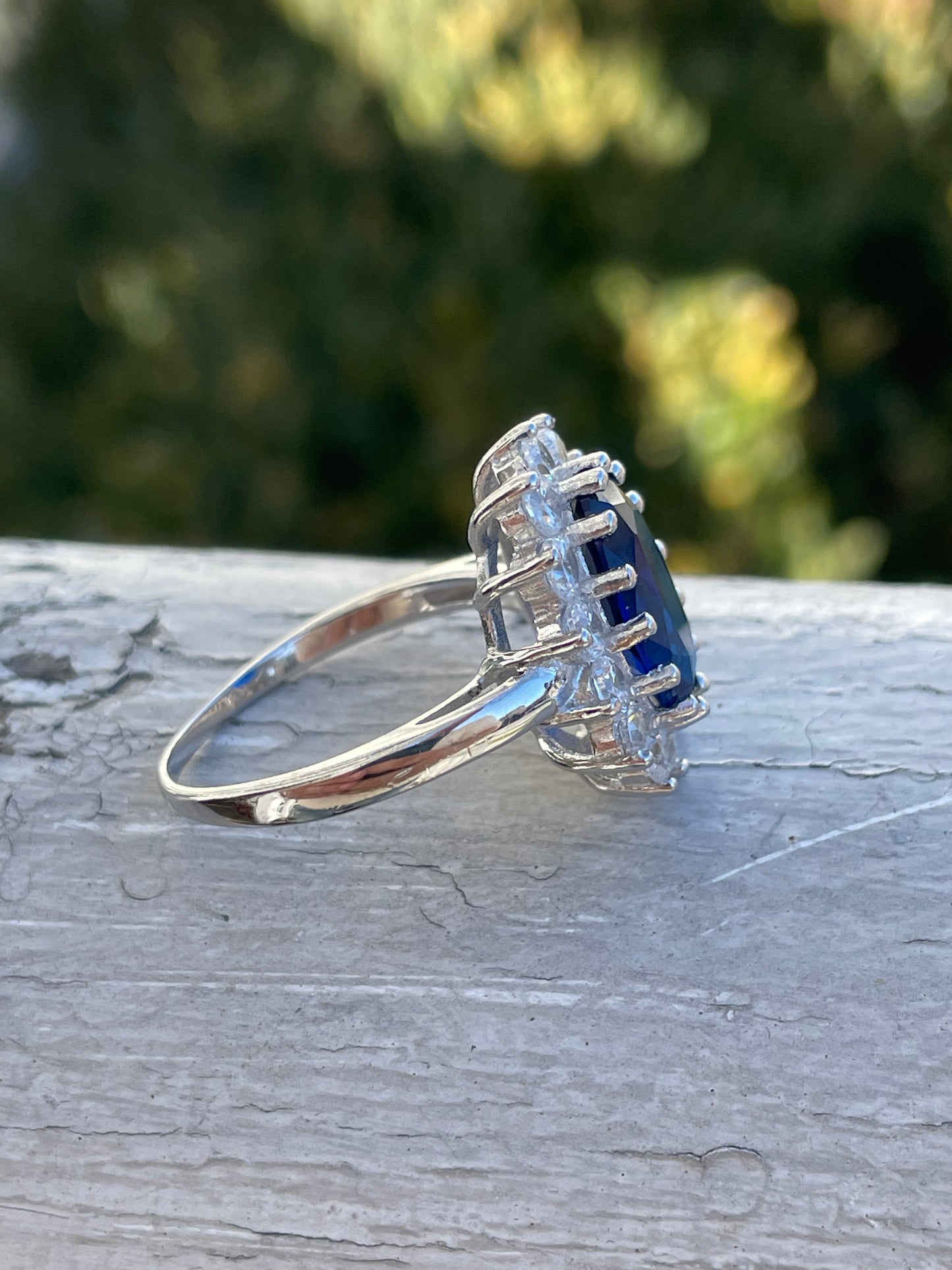 925 Sterling Silver Princess Diana Style Lab Sapphire & Clear Zirconia Cluster Ring