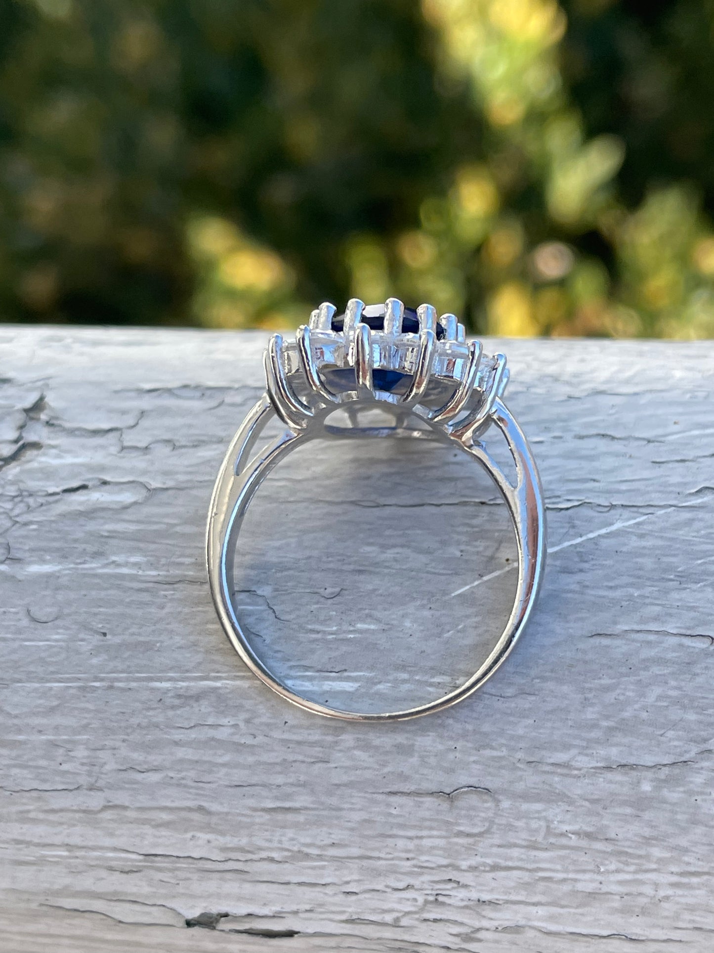 925 Sterling Silver Princess Diana Style Lab Sapphire & Clear Zirconia Cluster Ring