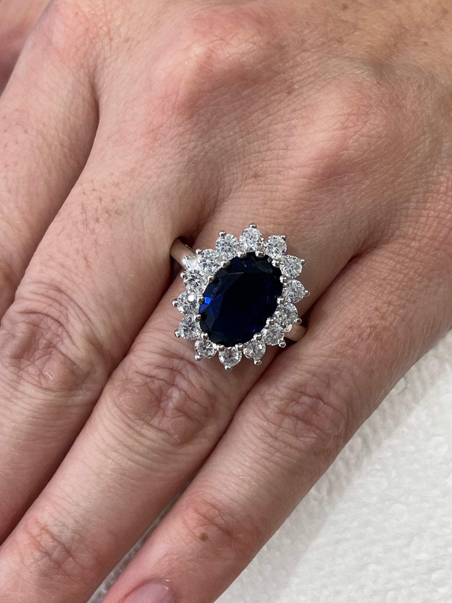 925 Sterling Silver Princess Diana Style Lab Sapphire & Clear Zirconia Cluster Ring