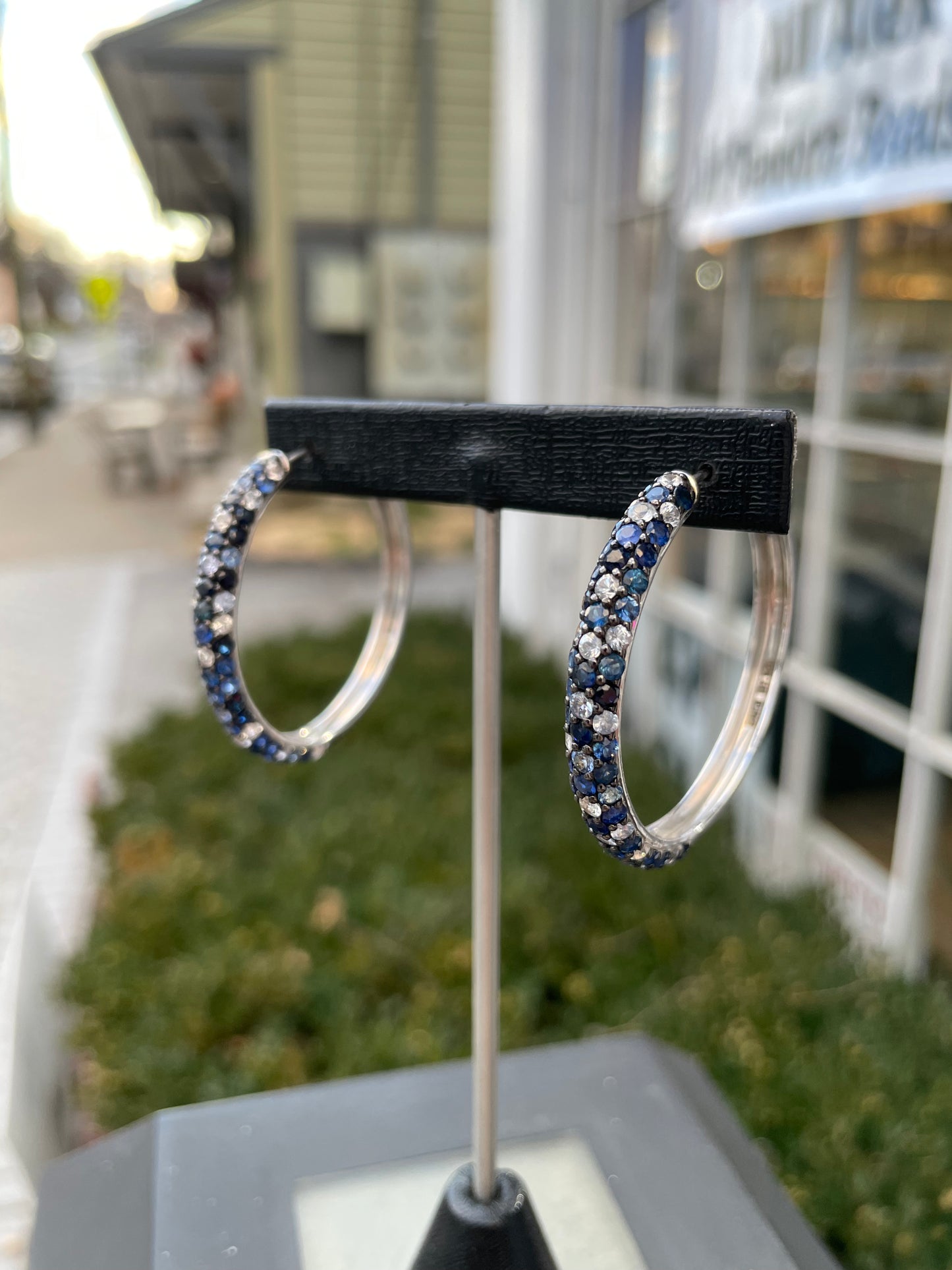 Designer Effy 925 Sterling Silver Sapphire White & Blue Topaz Large Cluster Hoop Earrings