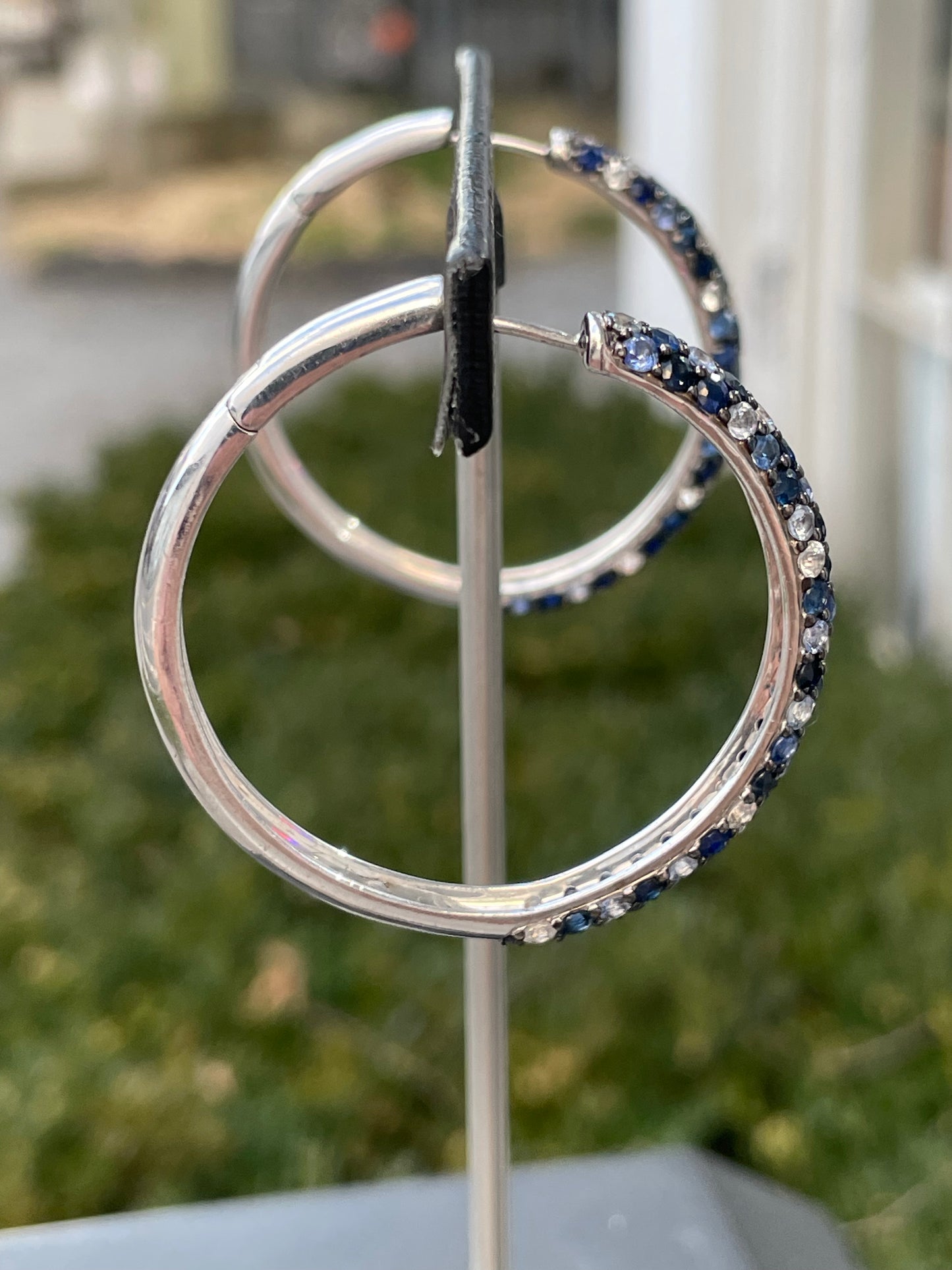 Designer Effy 925 Sterling Silver Sapphire White & Blue Topaz Large Cluster Hoop Earrings