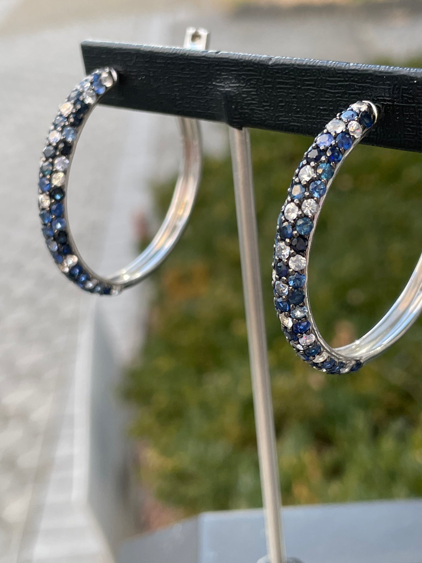 Designer Effy 925 Sterling Silver Sapphire White & Blue Topaz Large Cluster Hoop Earrings