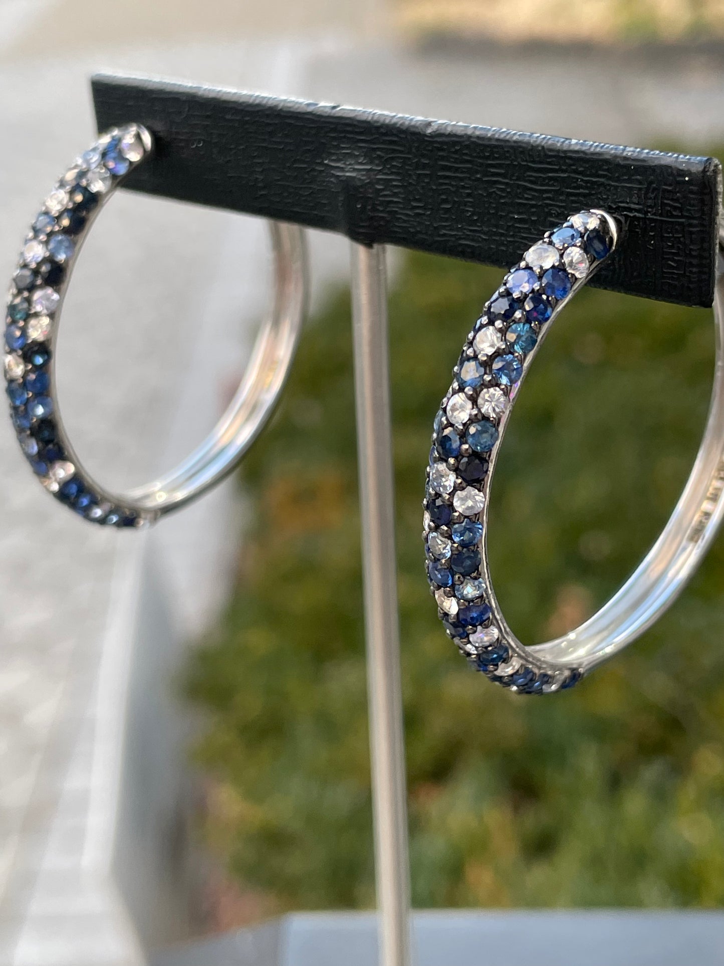Designer Effy 925 Sterling Silver Sapphire White & Blue Topaz Large Cluster Hoop Earrings