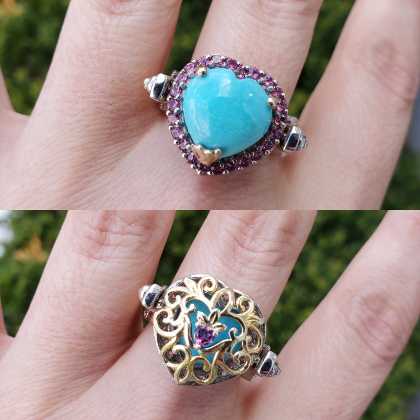 925 Sterling Silver Vermeil Turquoise & Amethyst Decorative Flip Ring